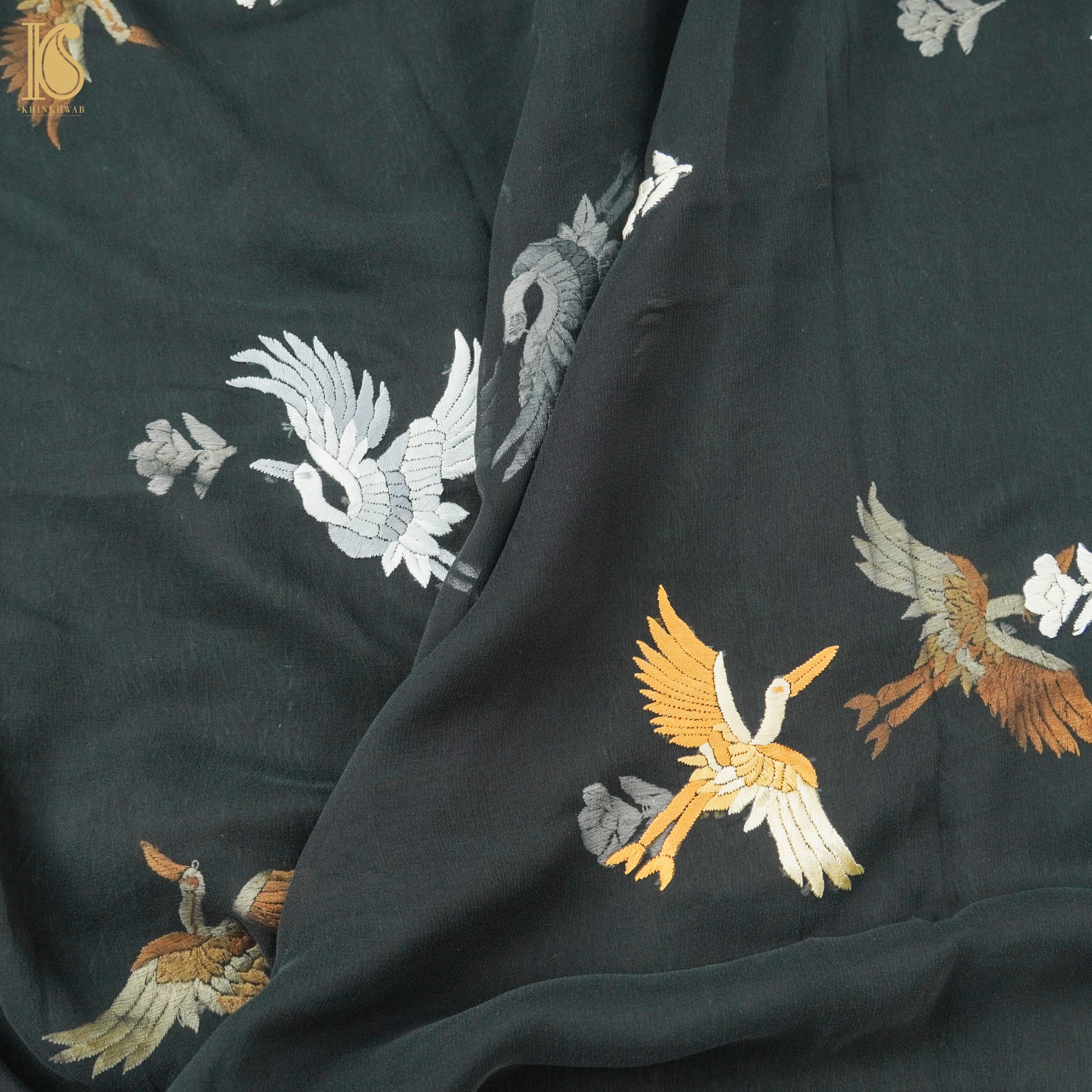 Black Handcrafted Parsi Gara Pure Georgette Swan Dupatta - Khinkhwab