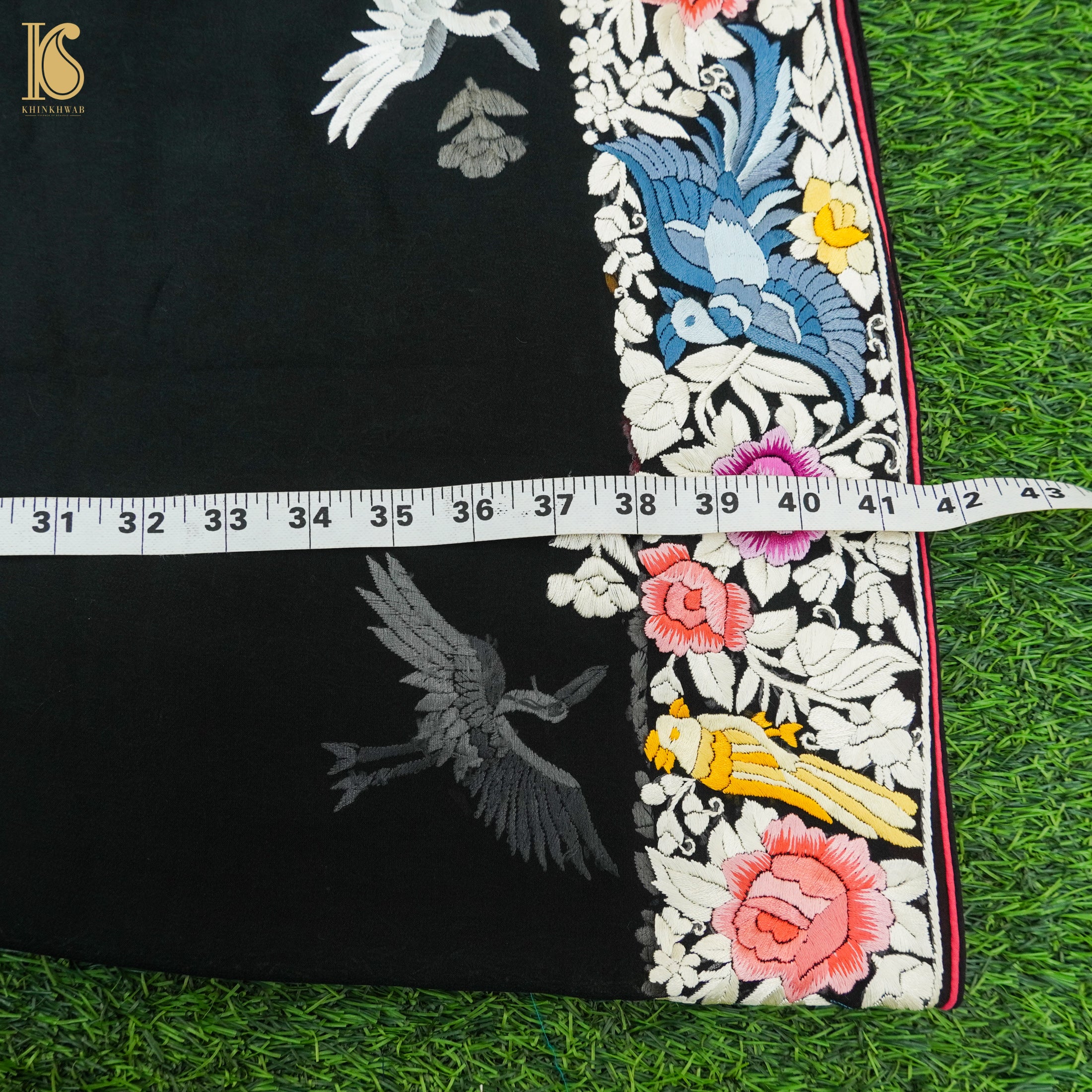 Black Handcrafted Parsi Gara Pure Georgette Swan Dupatta - Khinkhwab