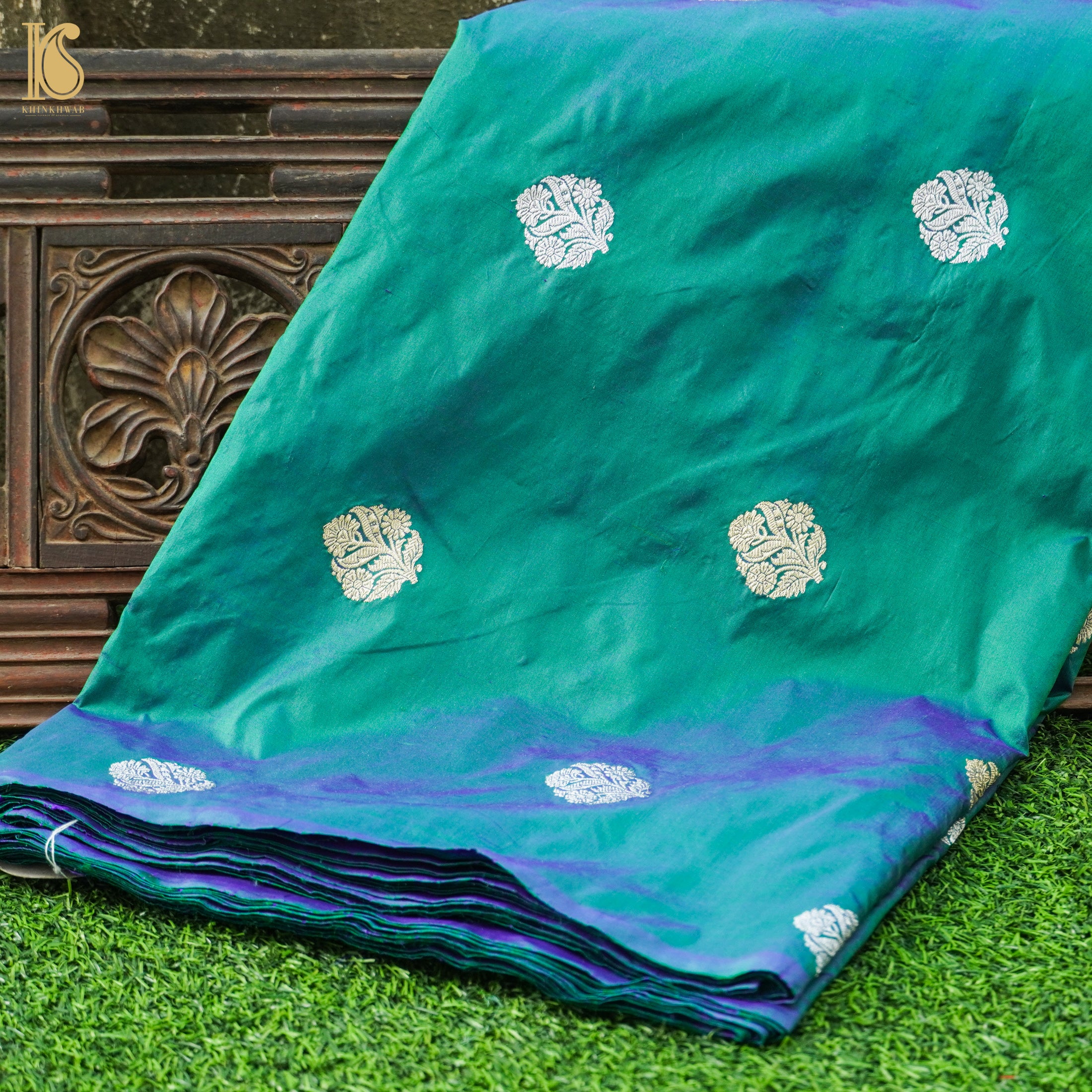 Persian Green Pure Katan Silk Banarasi Fabric - Khinkhwab