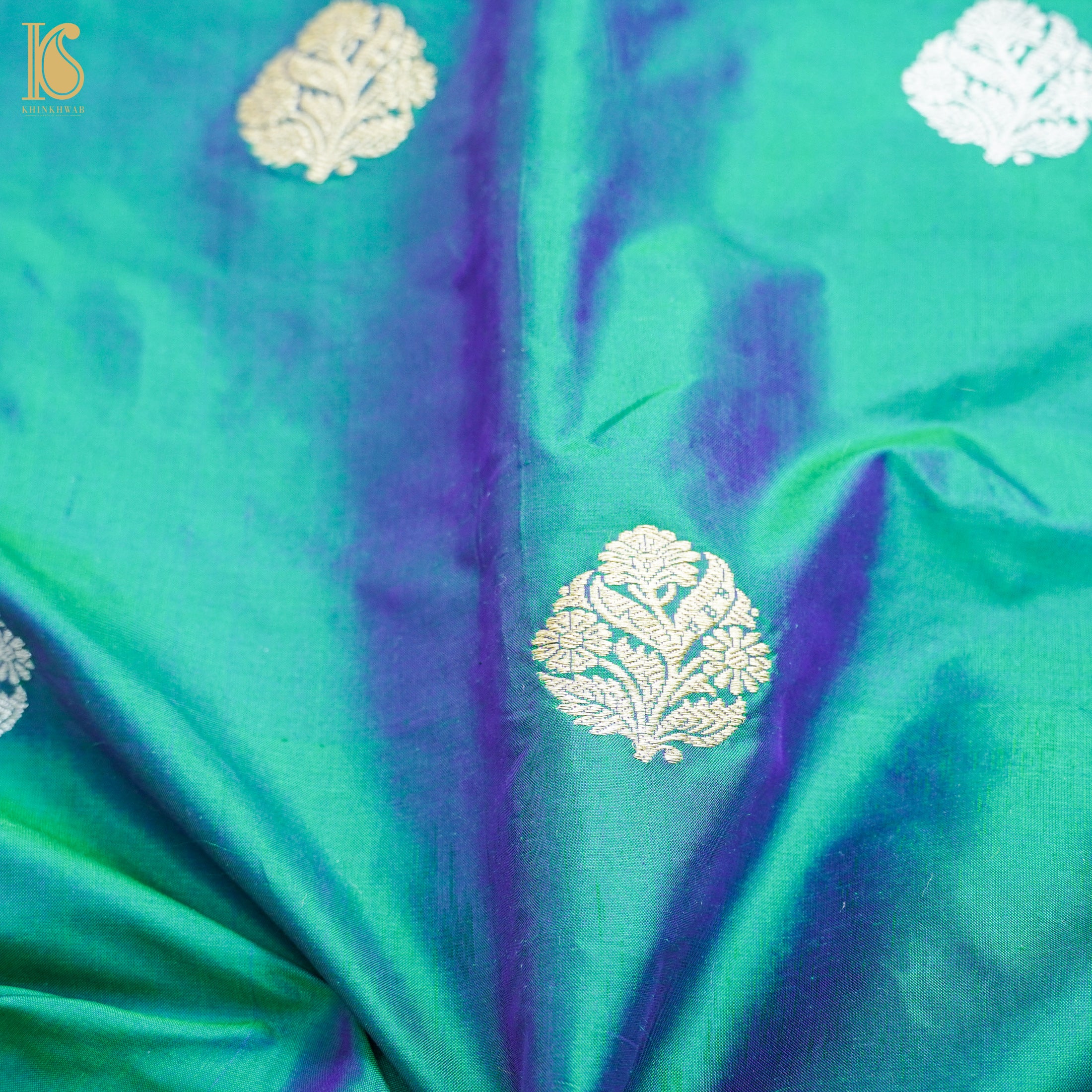 Persian Green Pure Katan Silk Banarasi Fabric - Khinkhwab
