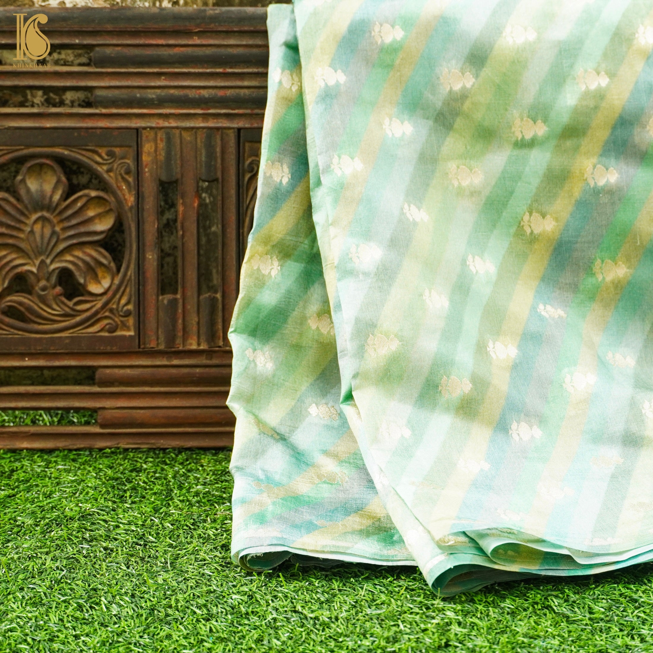 Ottoman Green Spun Silk Banarasi Fabric - Khinkhwab