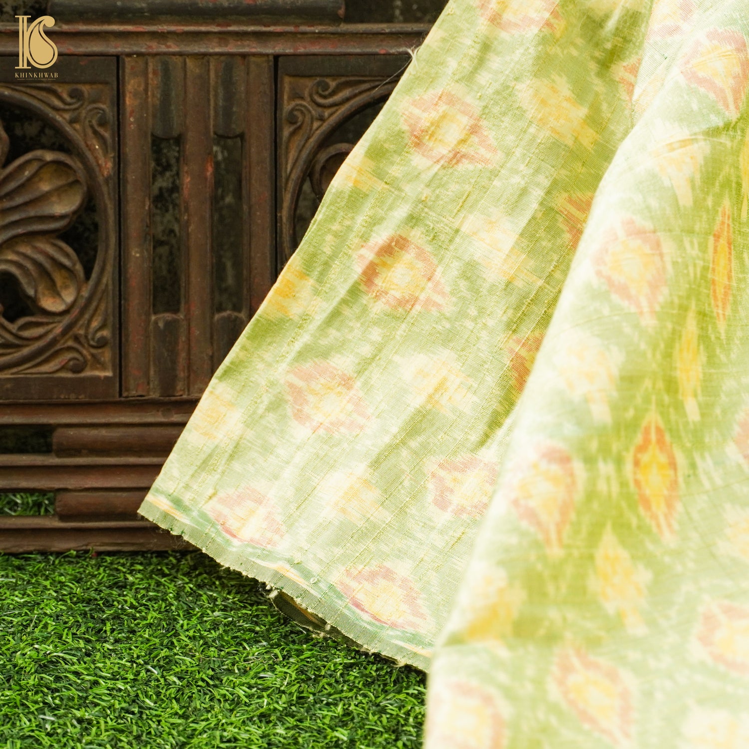 Primrose Green Pure Raw Silk Banarasi Ikat Fabric - Khinkhwab