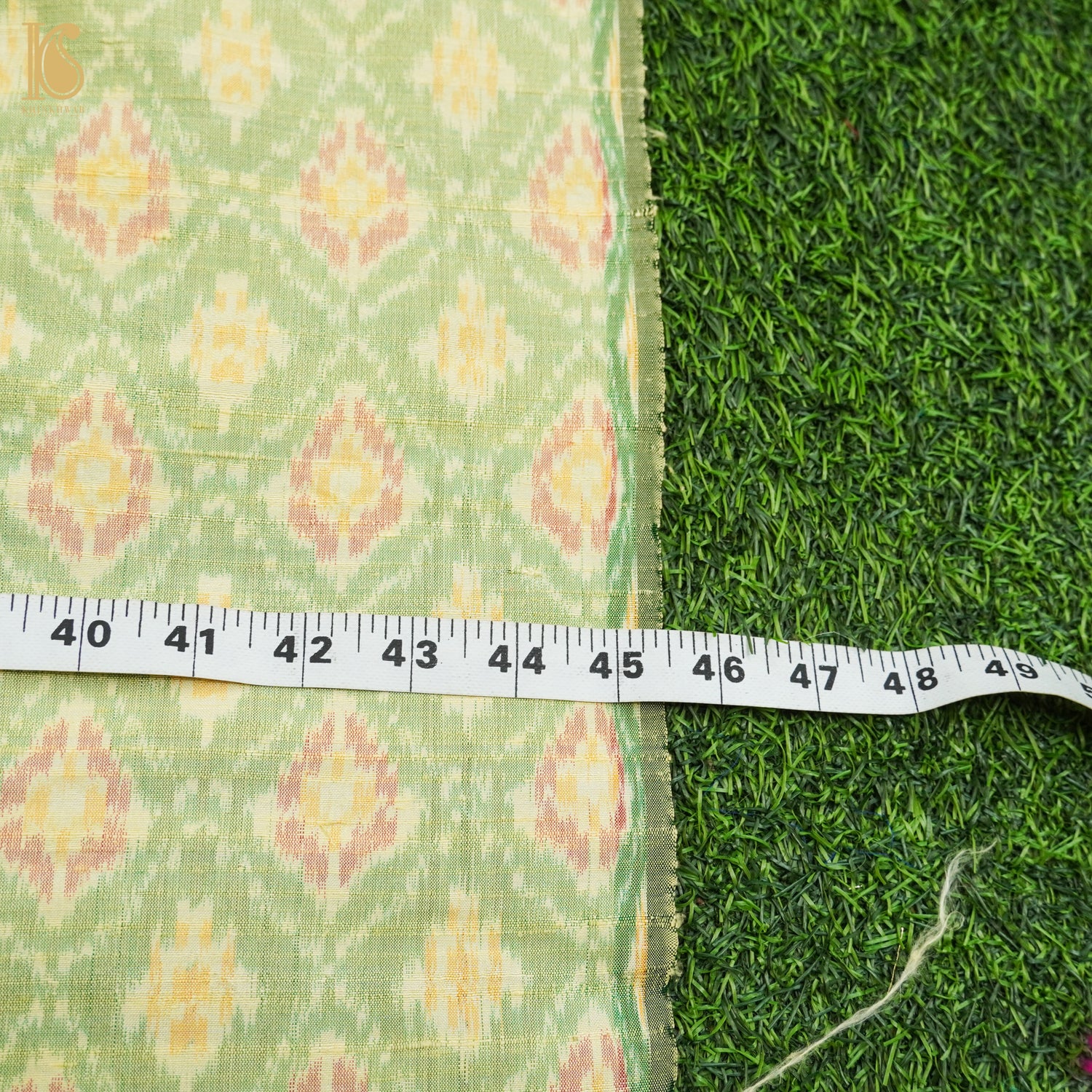 Primrose Green Pure Raw Silk Banarasi Ikat Fabric - Khinkhwab