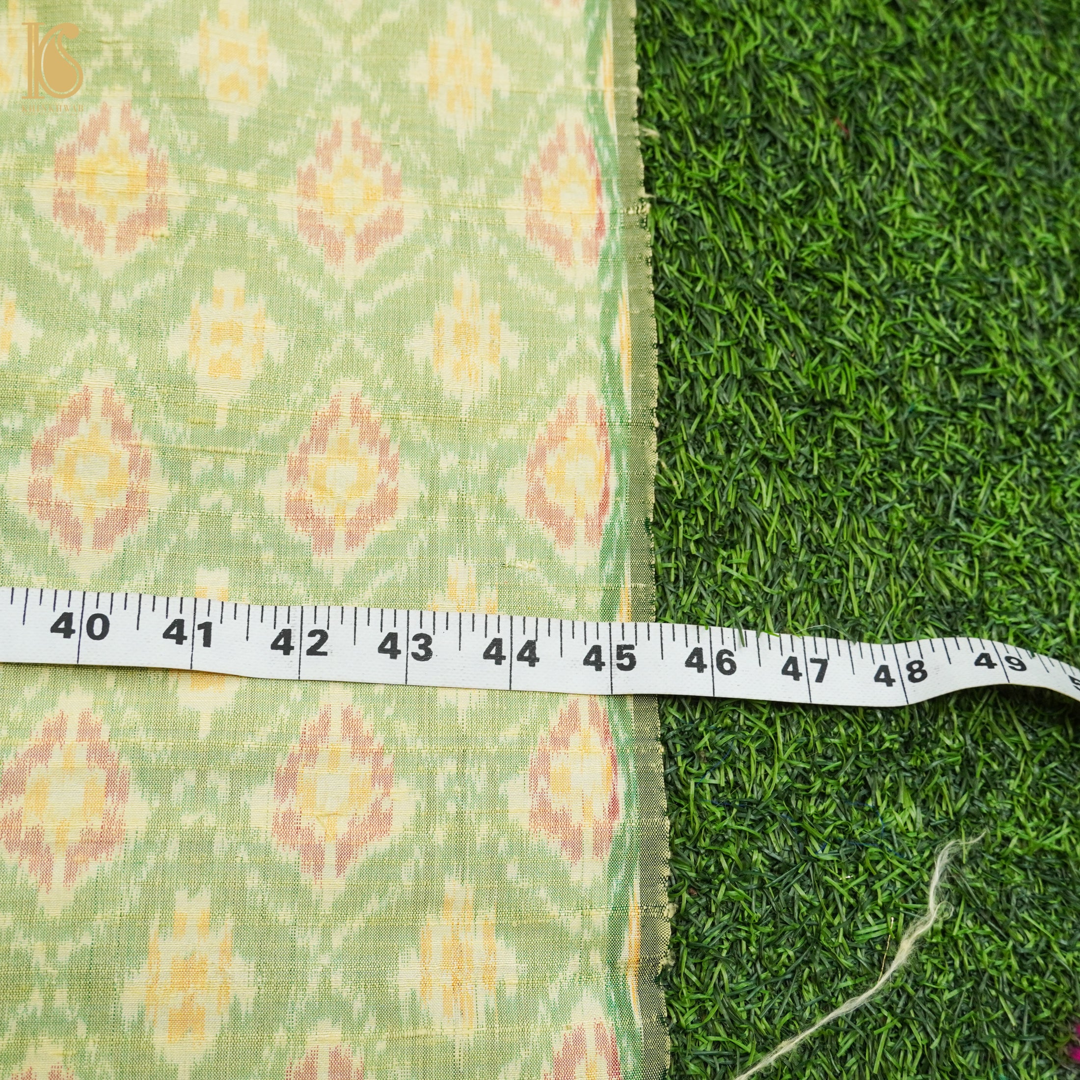 Primrose Green Pure Raw Silk Banarasi Ikat Fabric - Khinkhwab