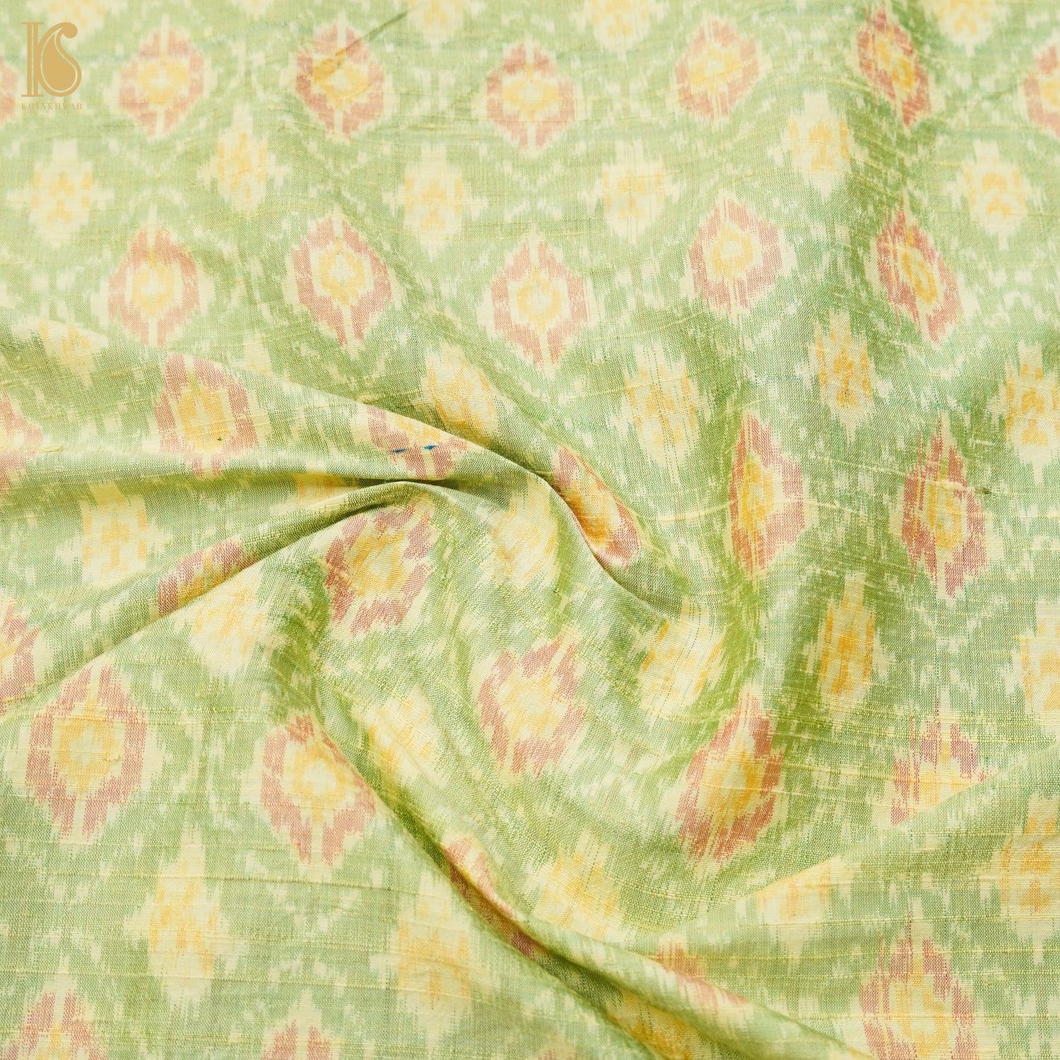Primrose Green Pure Raw Silk Banarasi Ikat Fabric - Khinkhwab