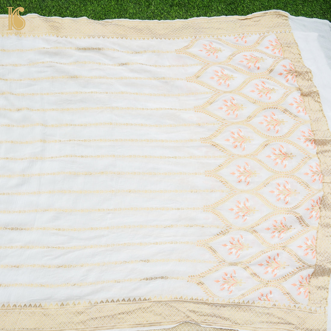 White Pure Georgette Silk Banarasi Meena Dupatta - Khinkhwab