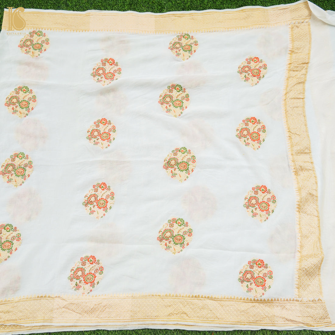 White Pure Georgette Silk Banarasi Meena Flower Dupatta - Khinkhwab