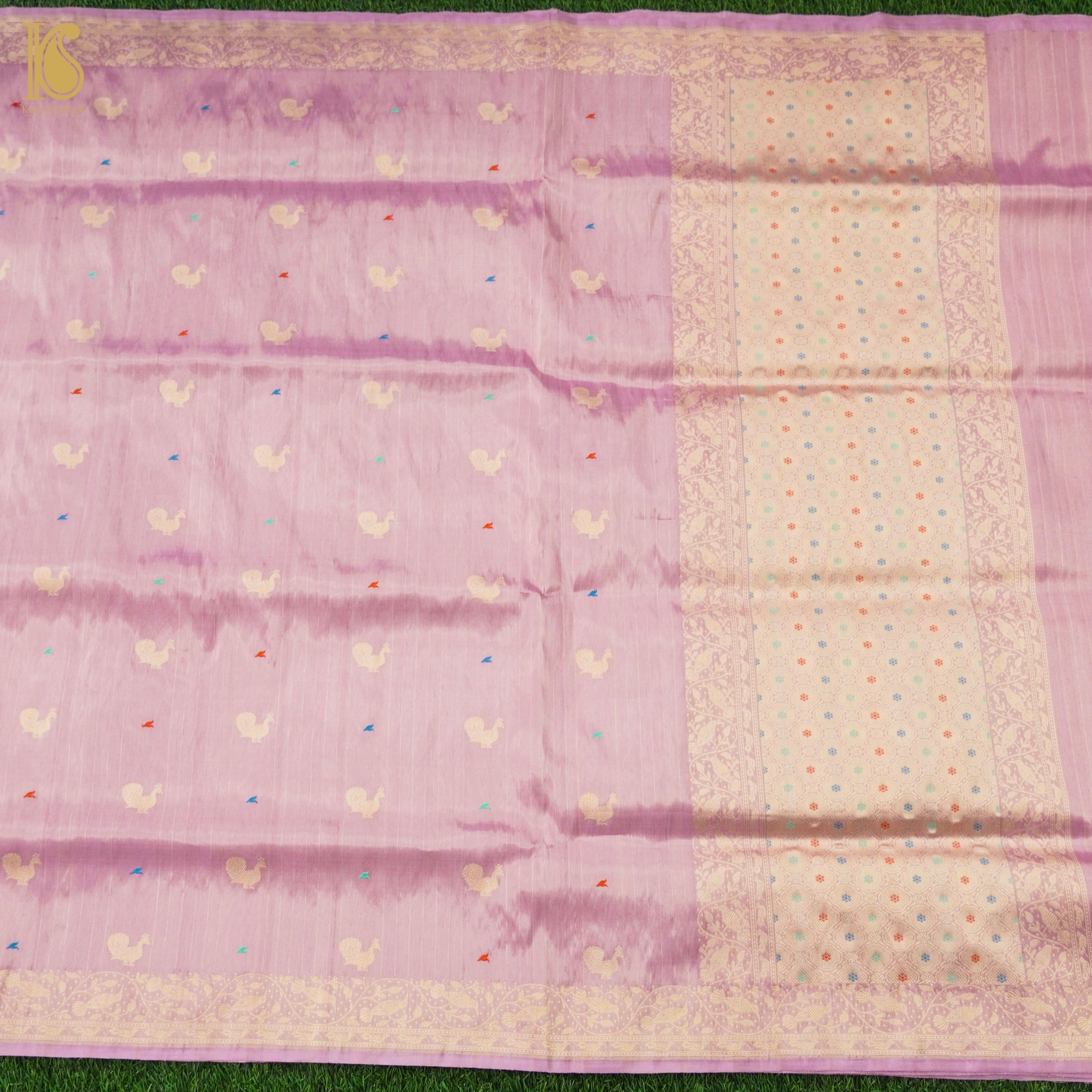 Kobi Pink Handloom Pure Tissue White Banarasi Bird Saree - Khinkhwab