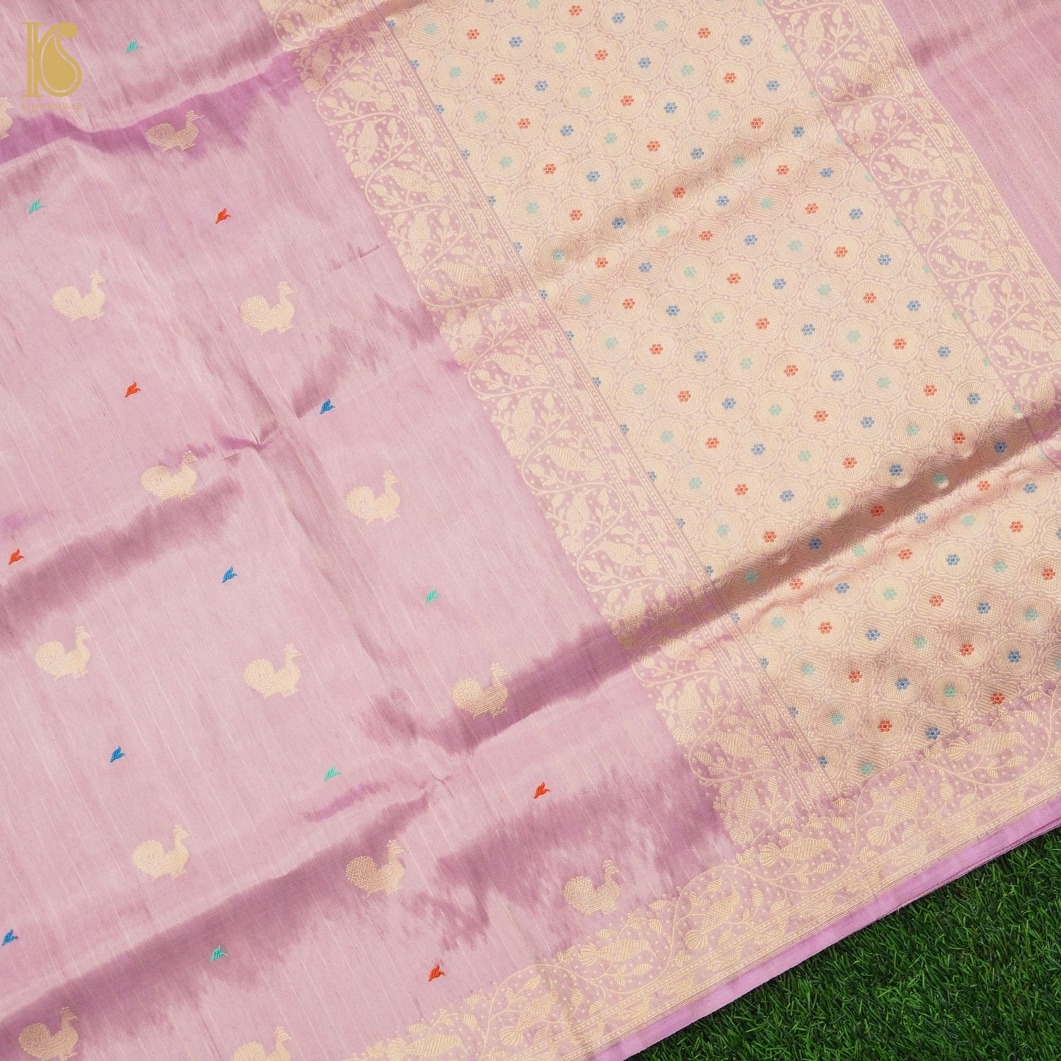 Kobi Pink Handloom Pure Tissue White Banarasi Bird Saree - Khinkhwab