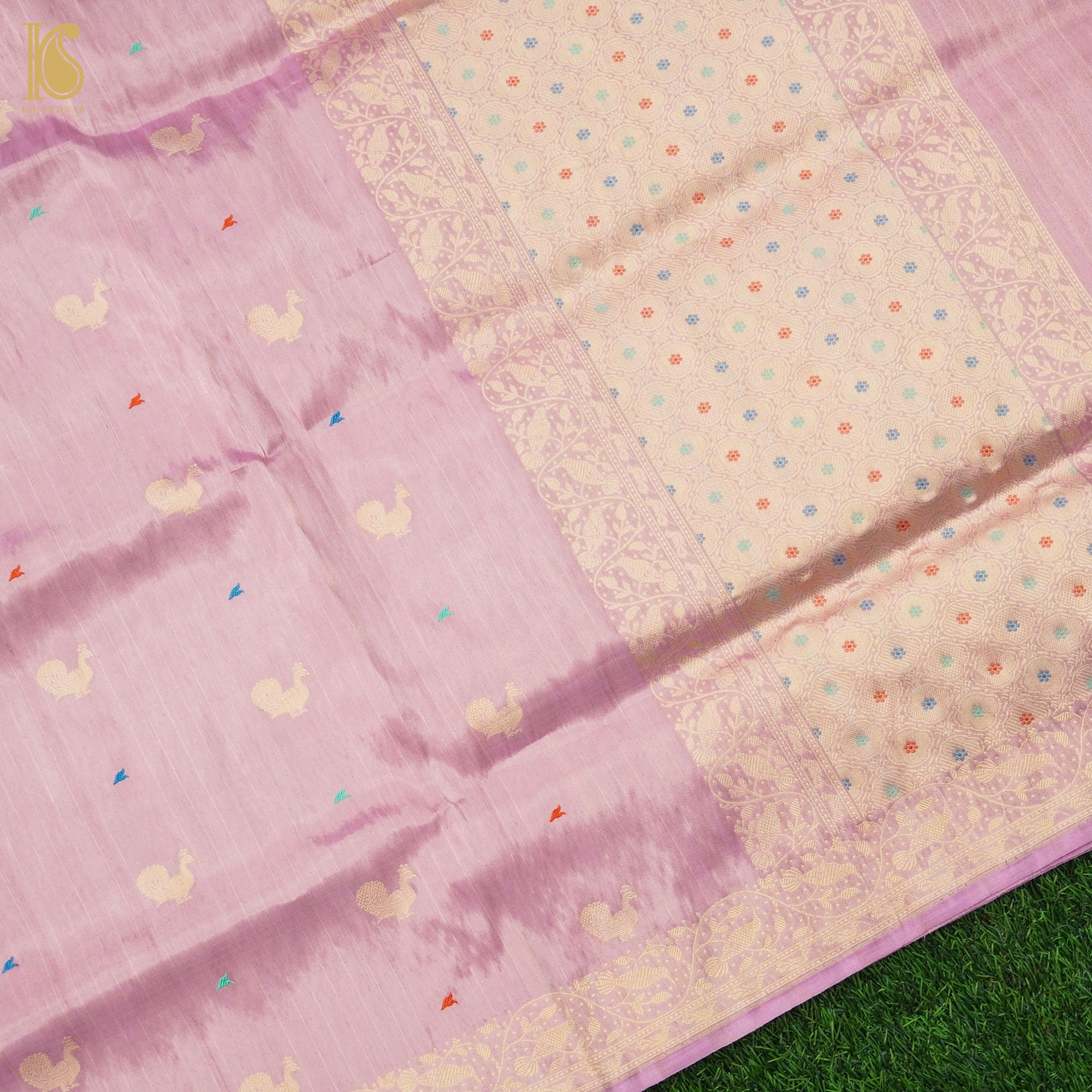 Kobi Pink Handloom Pure Tissue White Banarasi Bird Saree - Khinkhwab
