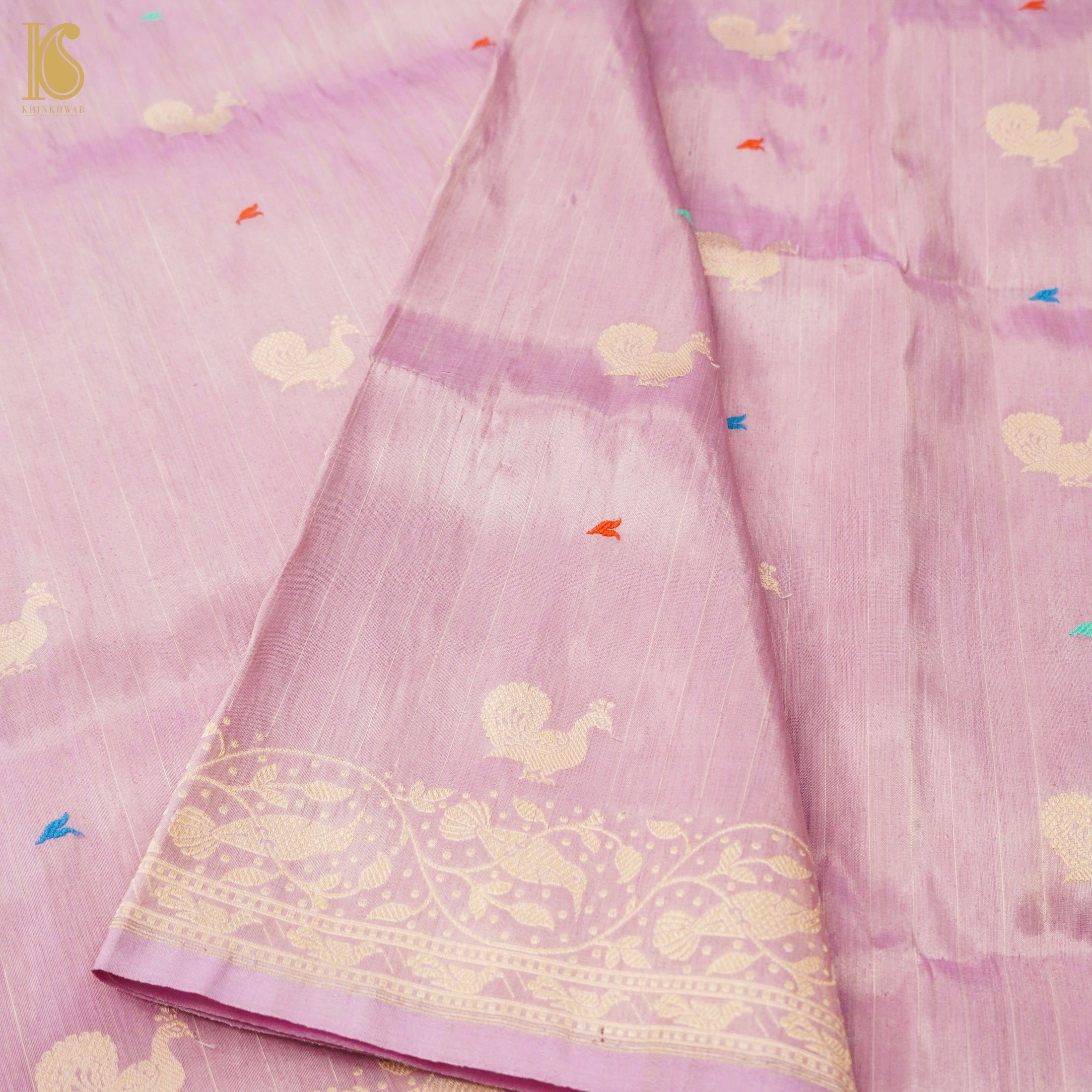 Kobi Pink Handloom Pure Tissue White Banarasi Bird Saree - Khinkhwab