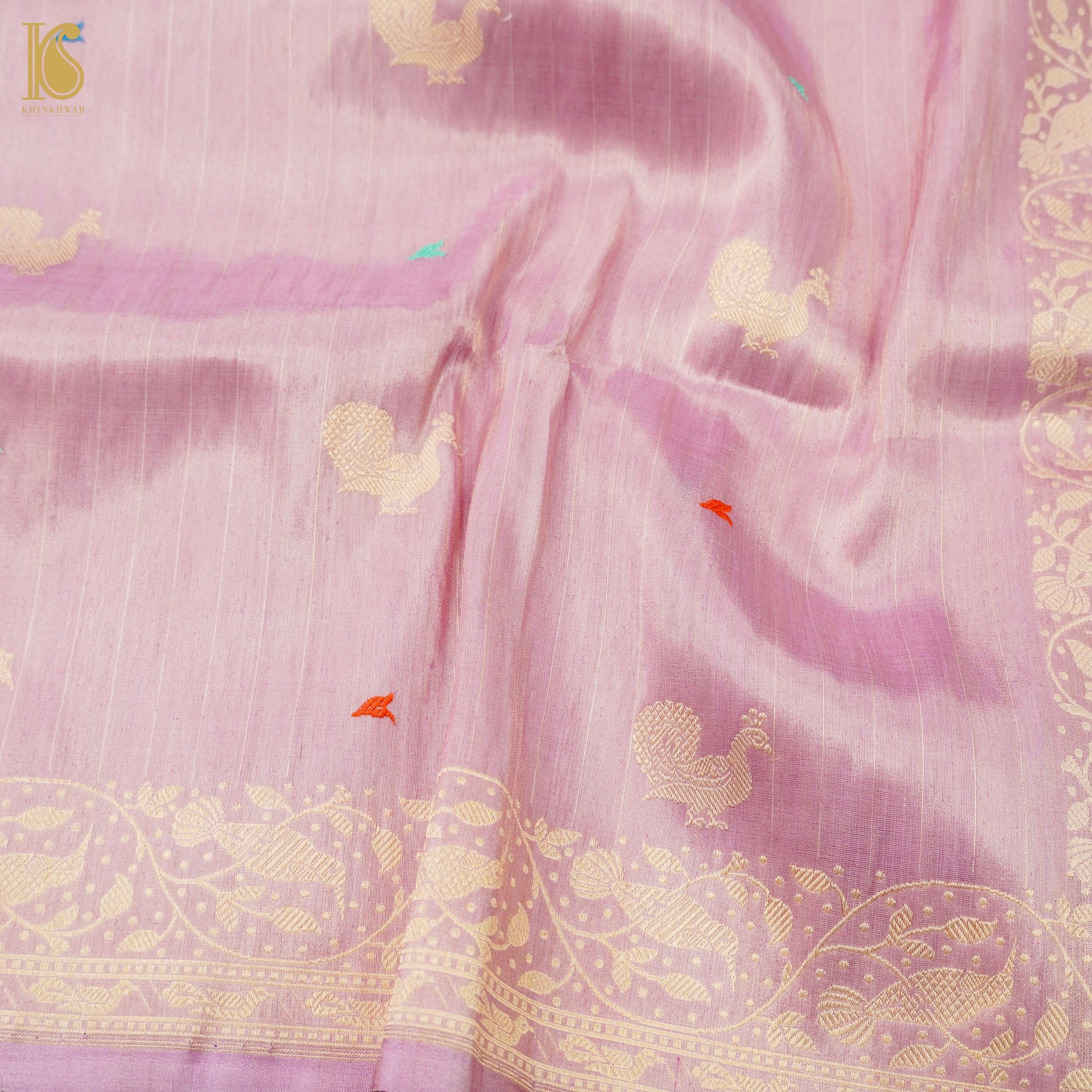 Kobi Pink Handloom Pure Tissue White Banarasi Bird Saree - Khinkhwab