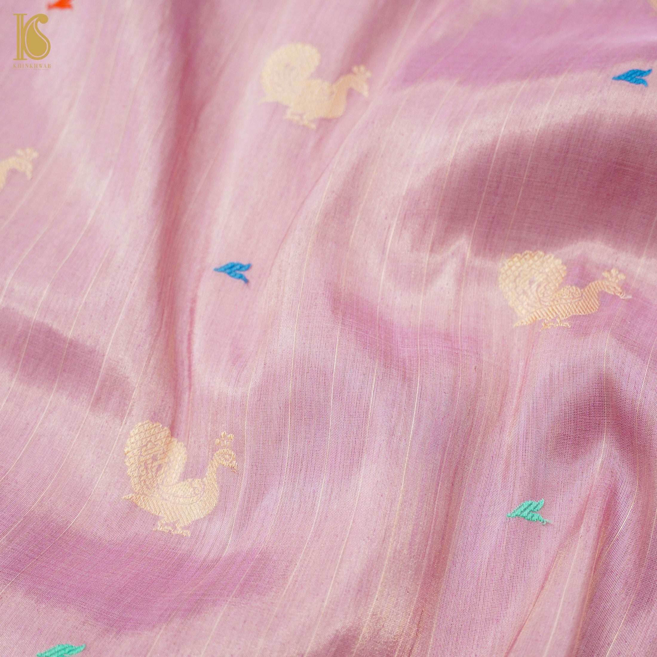 Kobi Pink Handloom Pure Tissue White Banarasi Bird Saree - Khinkhwab