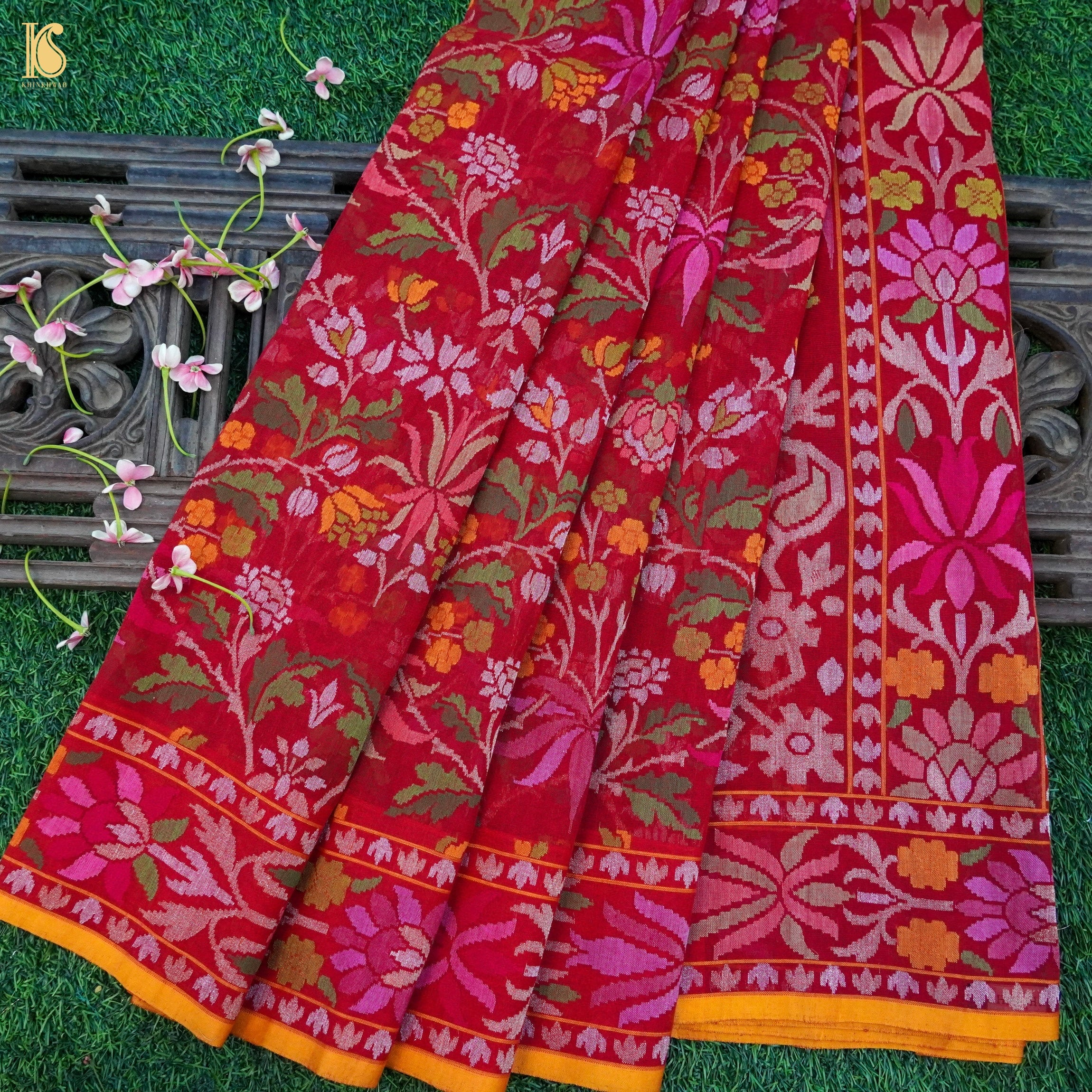 Pure Cotton Real Silver Zari Handloom Rakhtambari Banarasi Saree - Khinkhwab