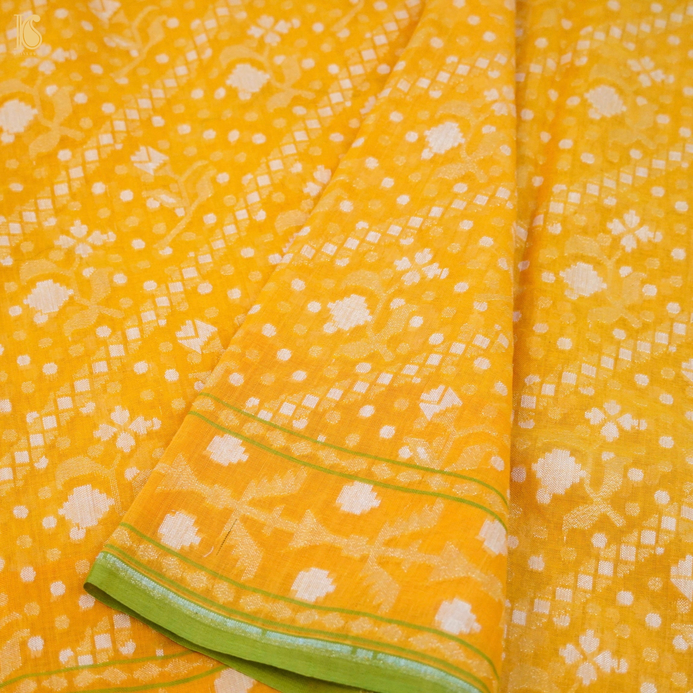 Yellow Pure Cotton Handloom Banarasi Jamdani Ektara Saree - Khinkhwab