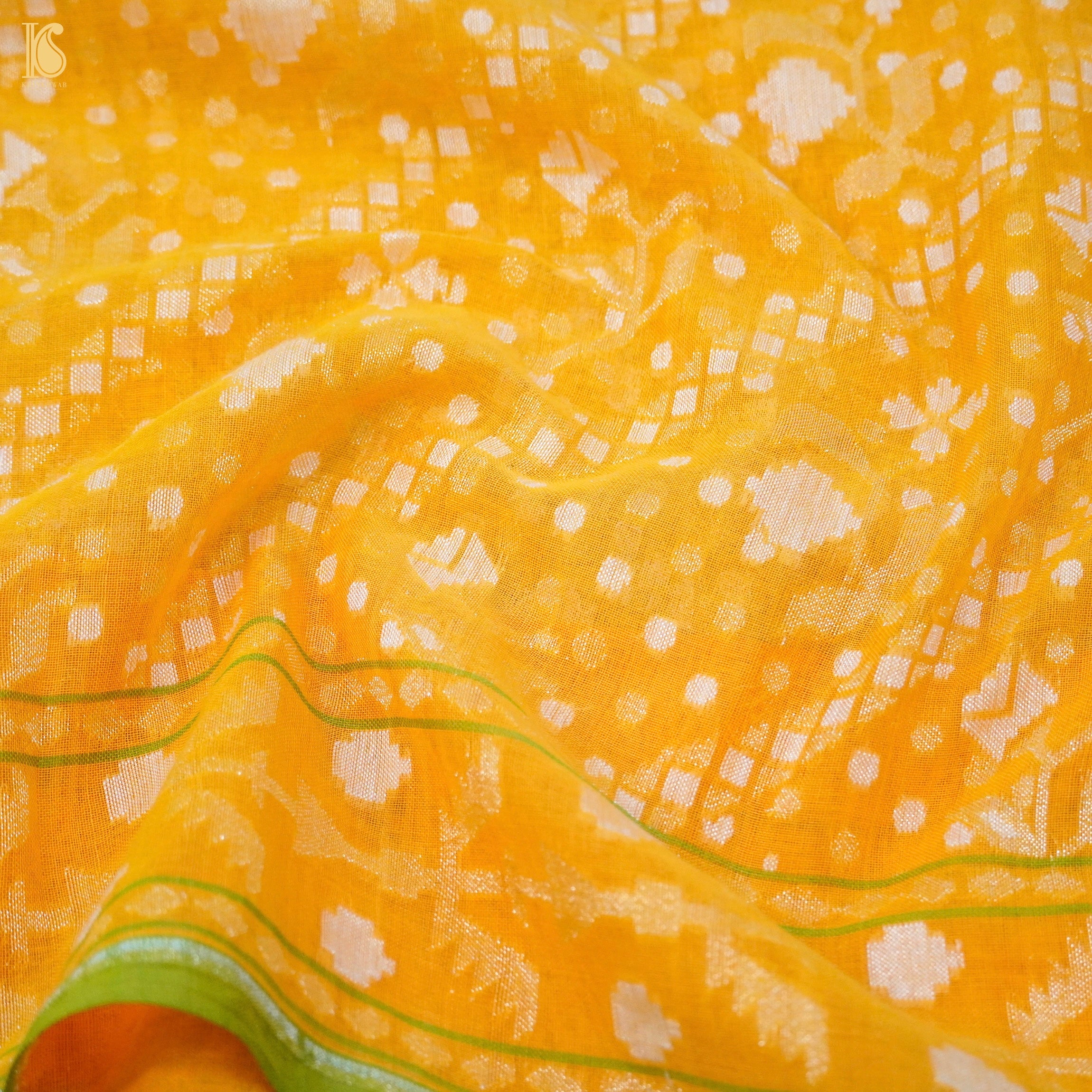 Yellow Pure Cotton Handloom Banarasi Jamdani Ektara Saree - Khinkhwab
