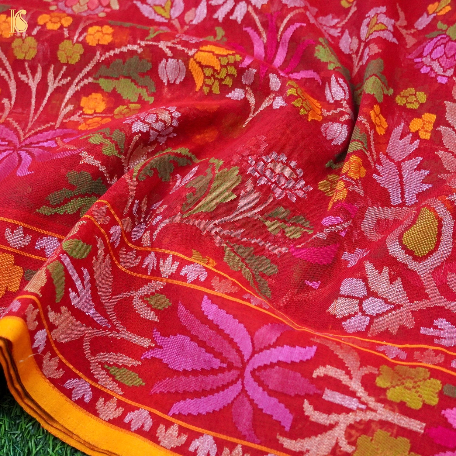 Pure Cotton Real Silver Zari Handloom Rakhtambari Banarasi Saree - Khinkhwab