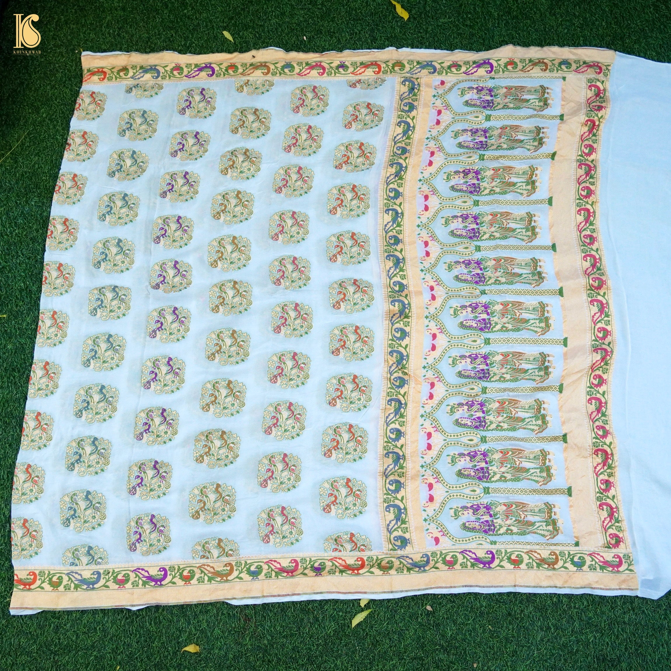 White Georgette Handloom Banarasi Shikargah Dupatta - Khinkhwab