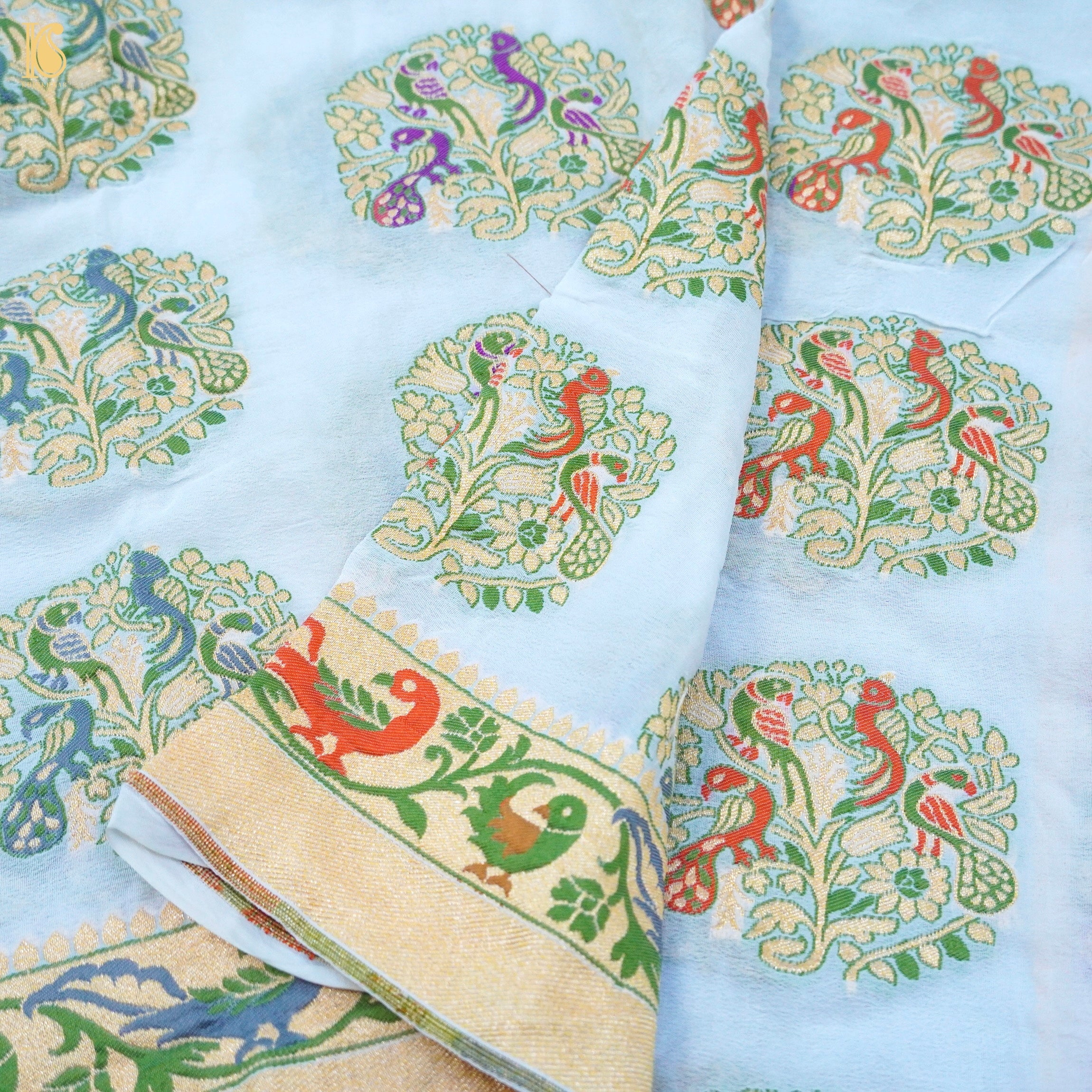 White Georgette Handloom Banarasi Shikargah Dupatta - Khinkhwab