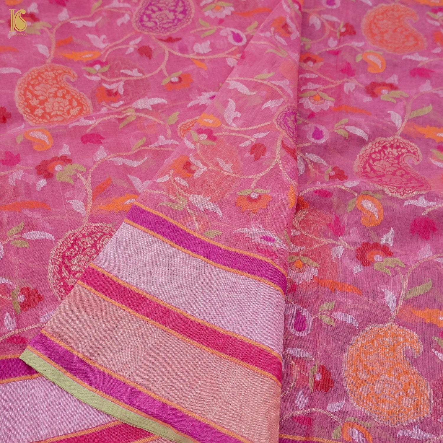 Hopbush Pink Pure Cotton Real Silver Zari Handloom Banarasi Dupatta - Khinkhwab