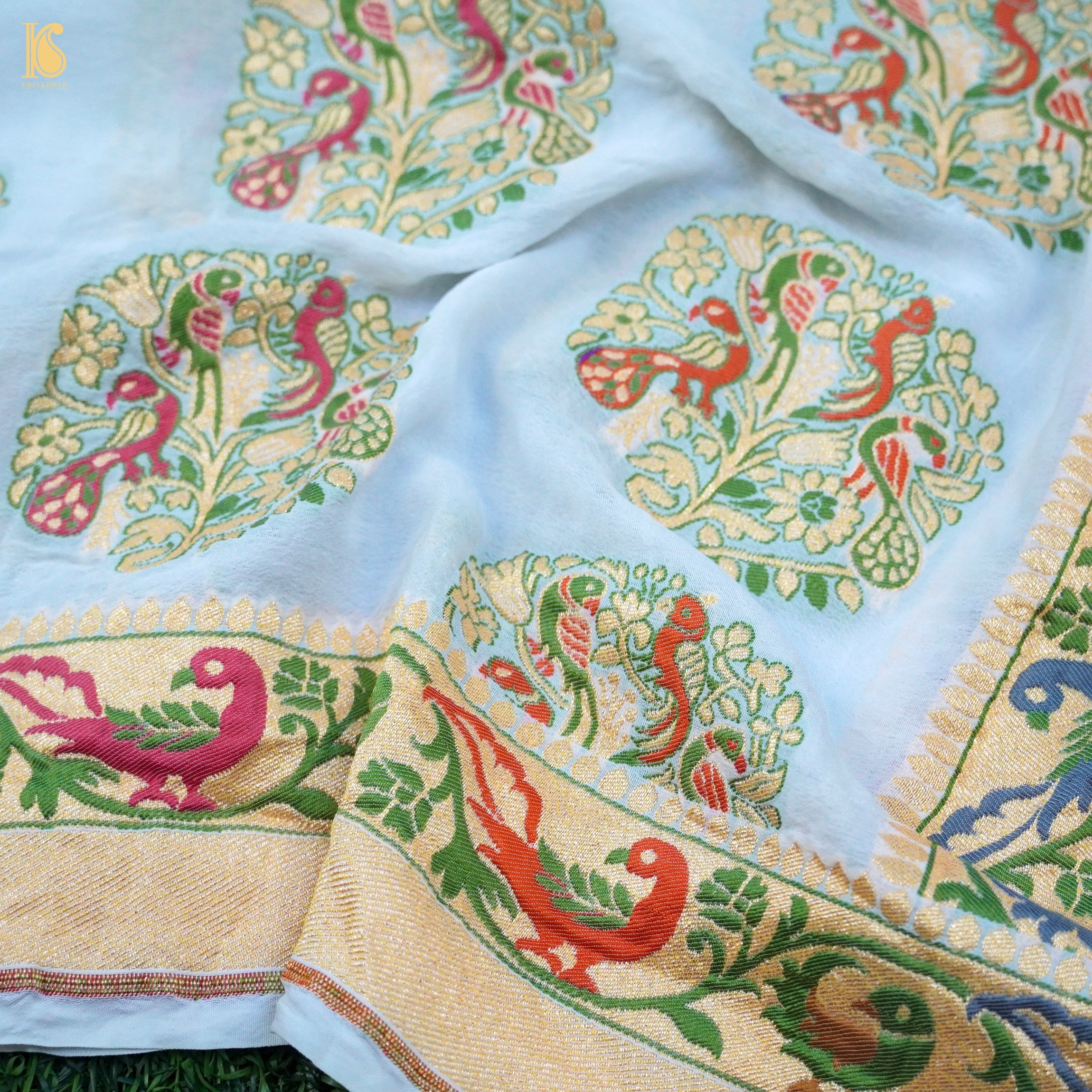 White Georgette Handloom Banarasi Shikargah Dupatta - Khinkhwab