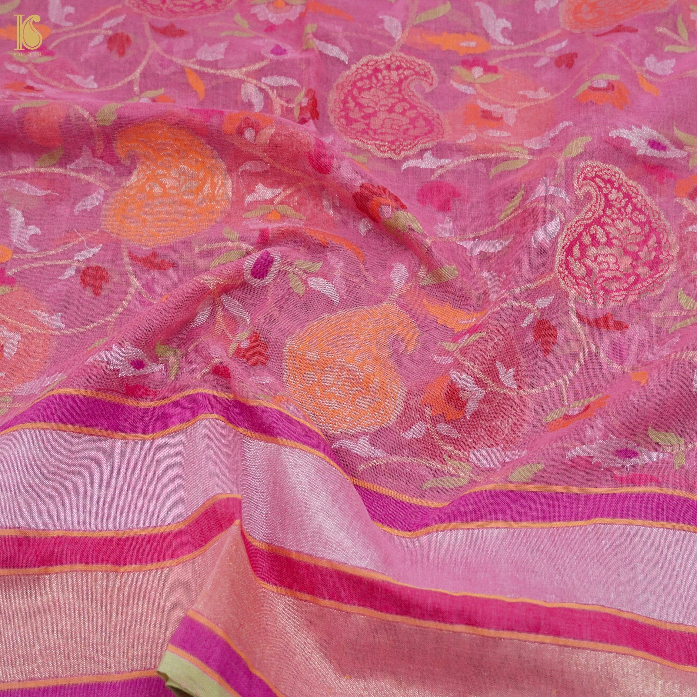Hopbush Pink Pure Cotton Real Silver Zari Handloom Banarasi Dupatta - Khinkhwab