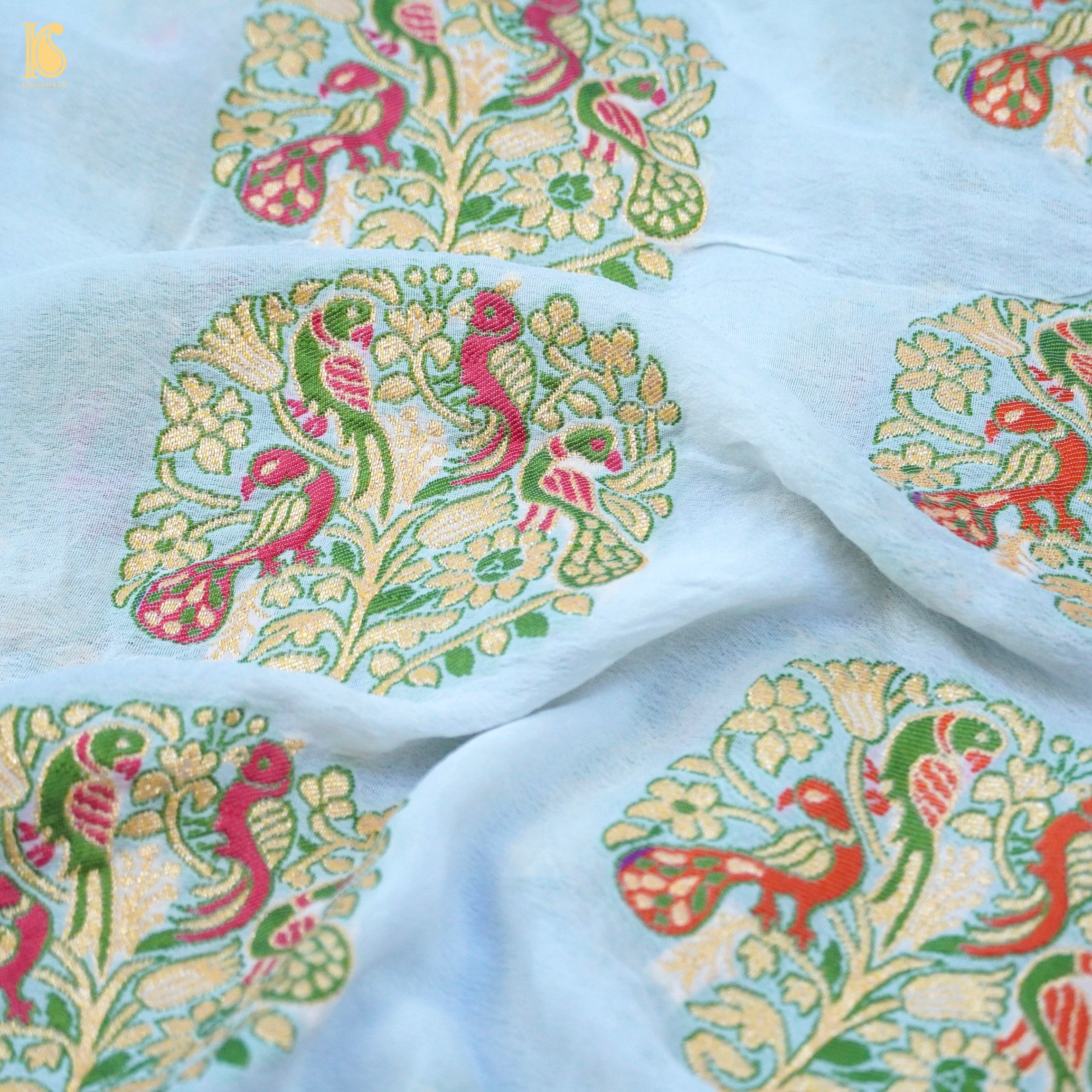 White Georgette Handloom Banarasi Shikargah Dupatta - Khinkhwab