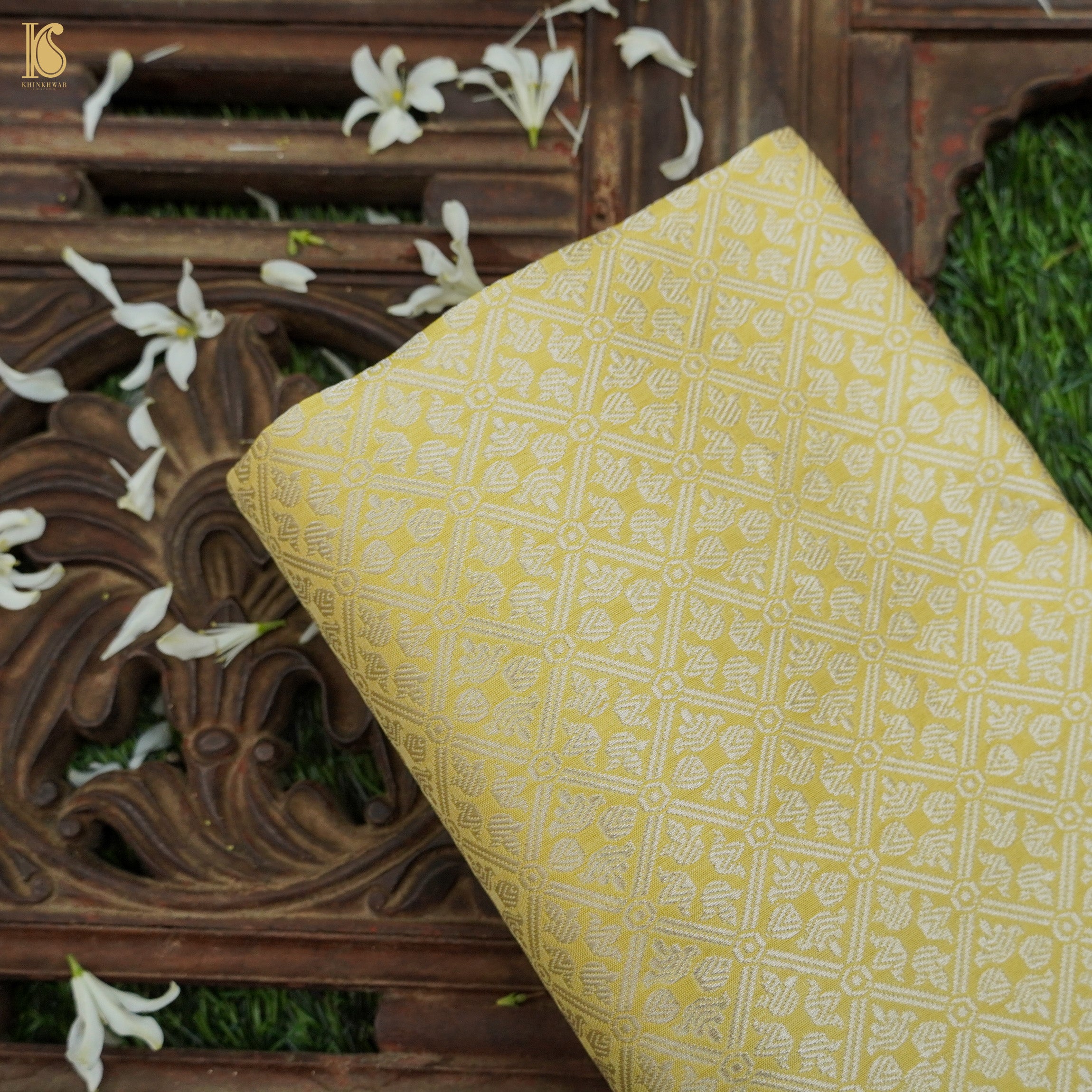 Handwoven Pure Katan Silk Banarasi Brocade Silver Zari Fabric - Khinkhwab