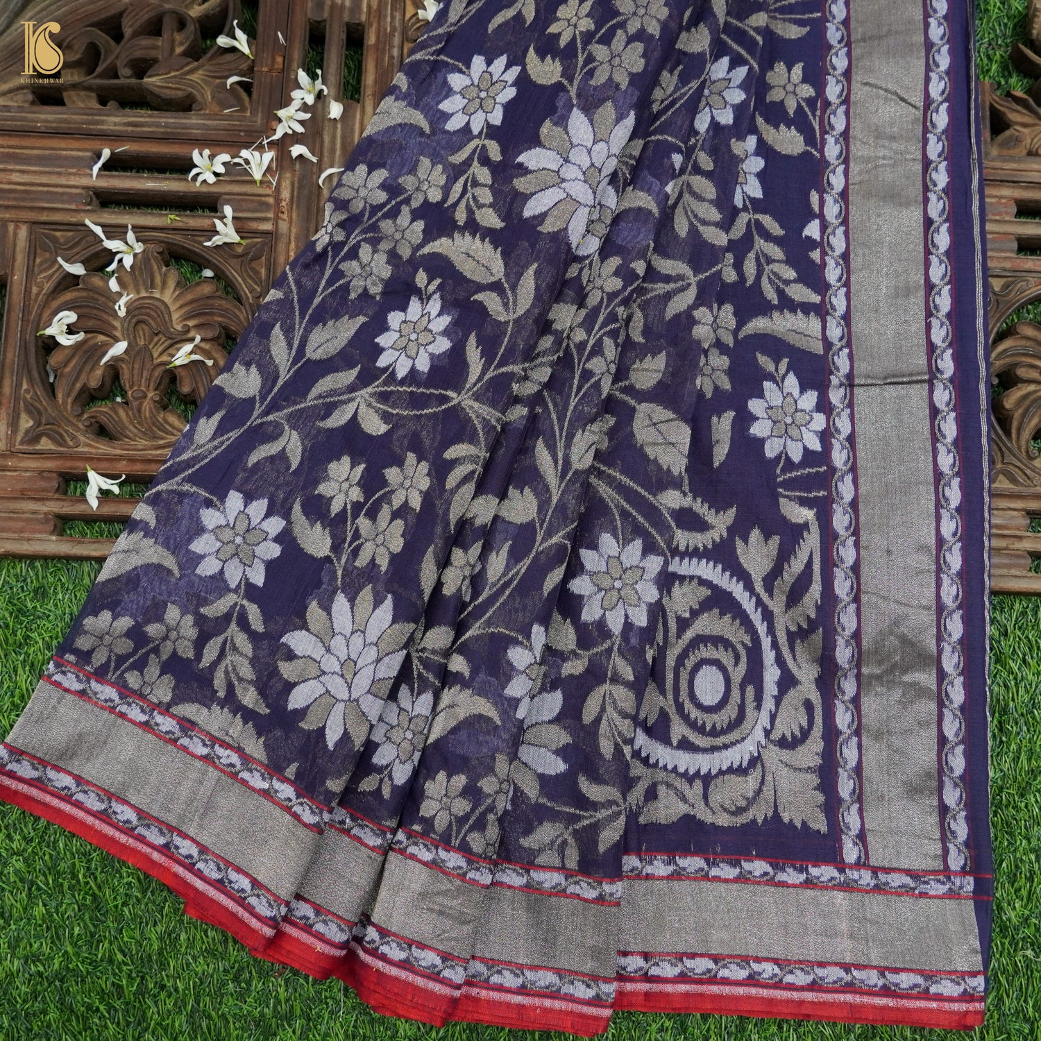 Blue Pure Cotton Handloom Banarasi Jamdani Ektara Saree - Khinkhwab