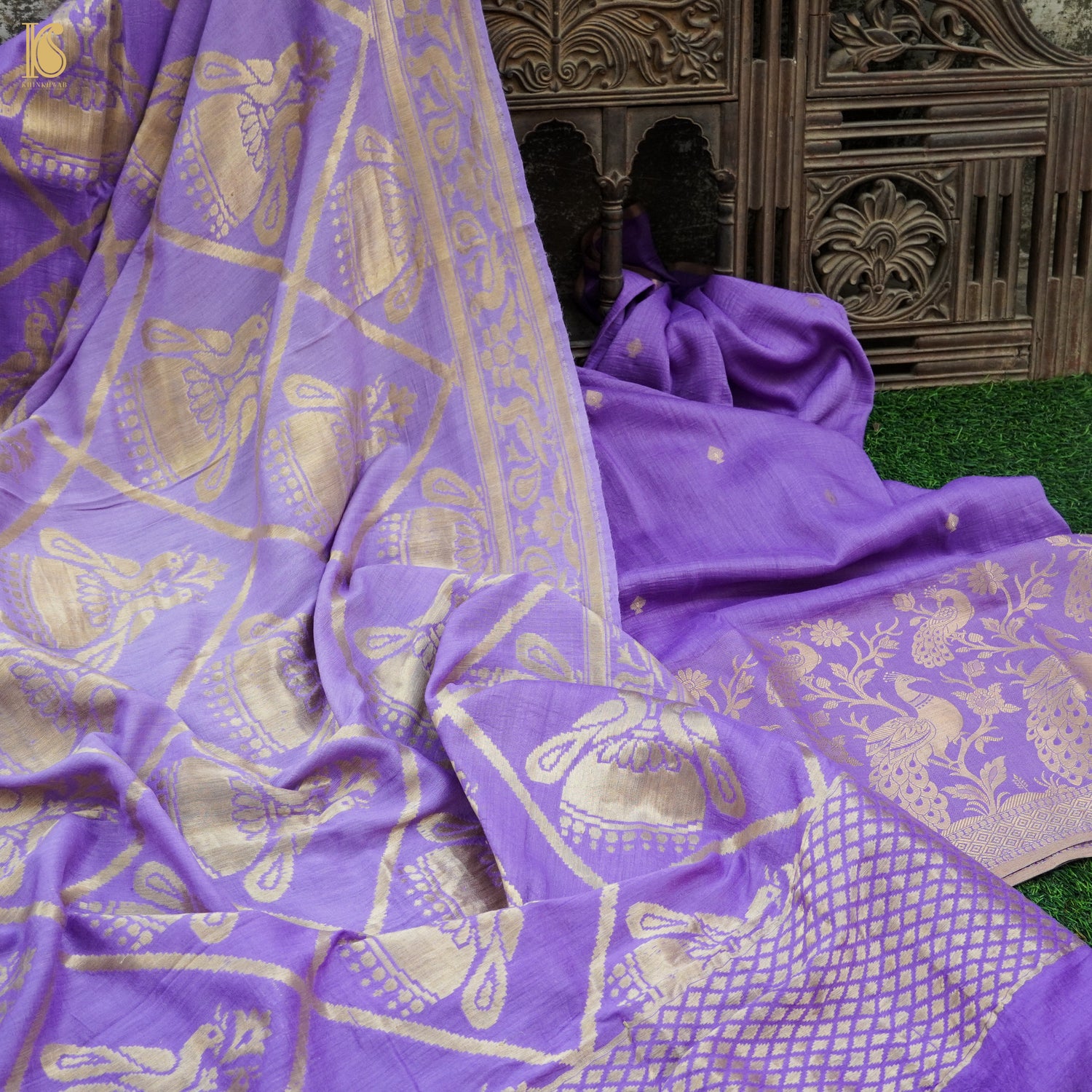 Lilac Bush Pure Moonga Silk Handloom Banarasi Suit and Dupatta Set - Khinkhwab