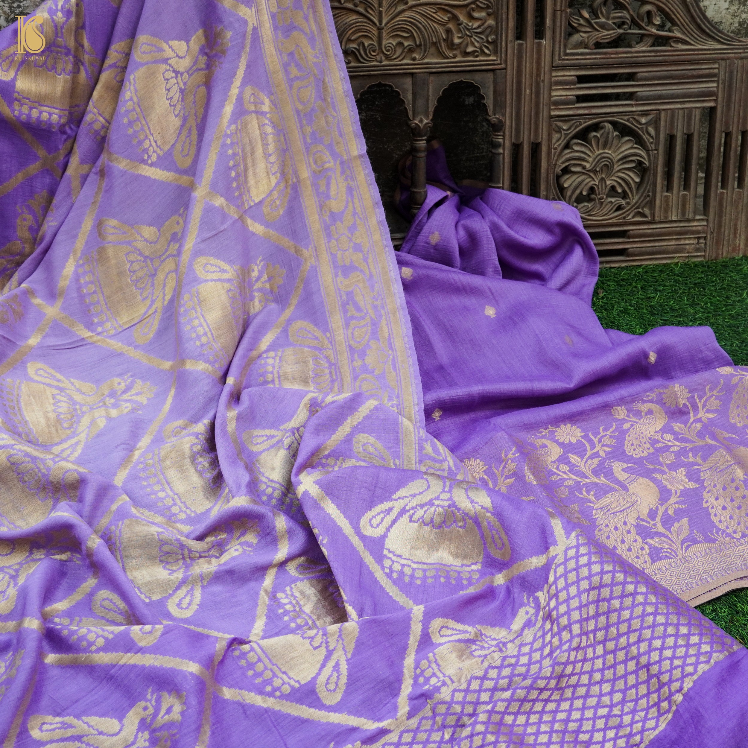 Lilac Bush Pure Moonga Silk Handloom Banarasi Suit and Dupatta Set - Khinkhwab