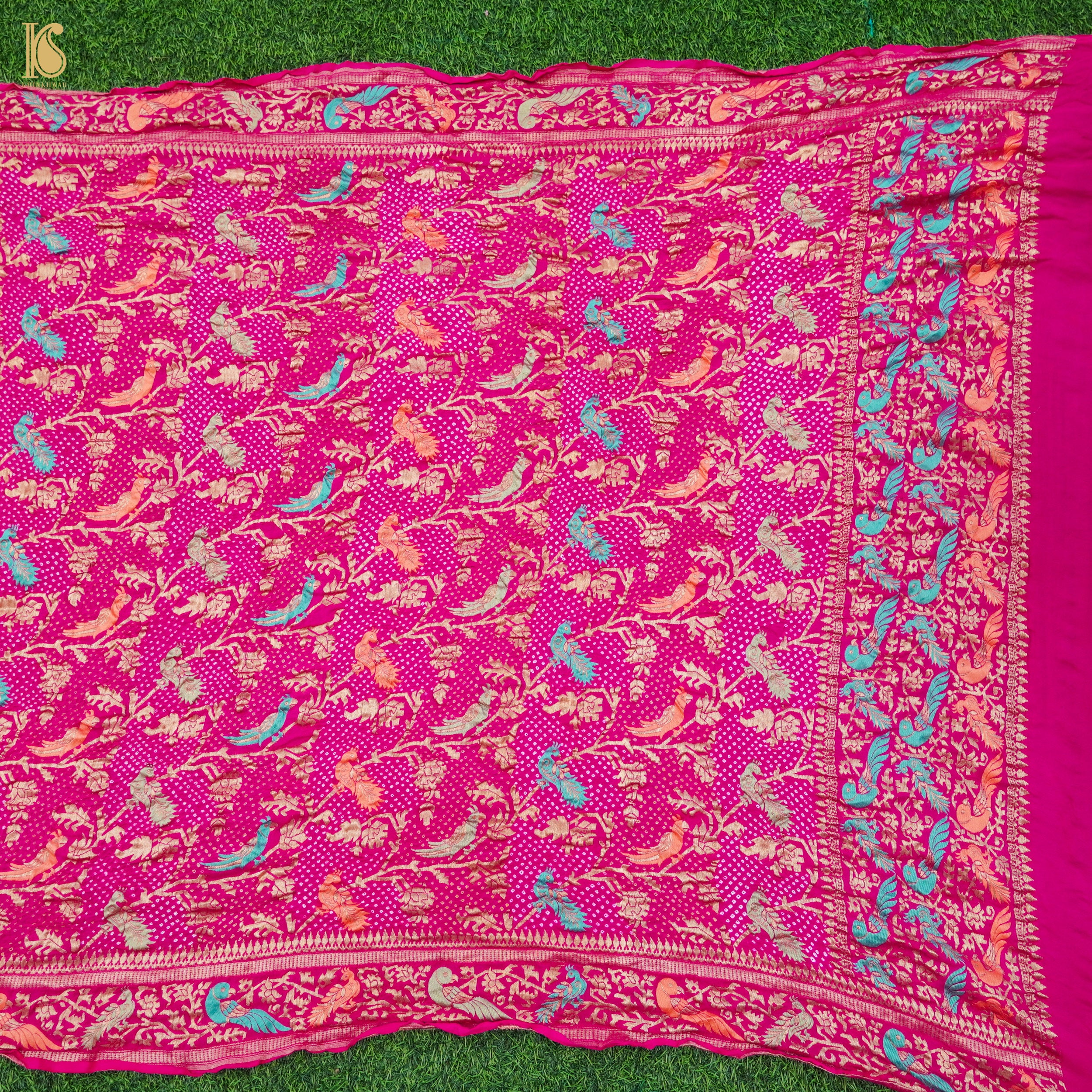 Pink Georgette Bandhani Handloom Banarasi Shikargah Dupatta - Khinkhwab