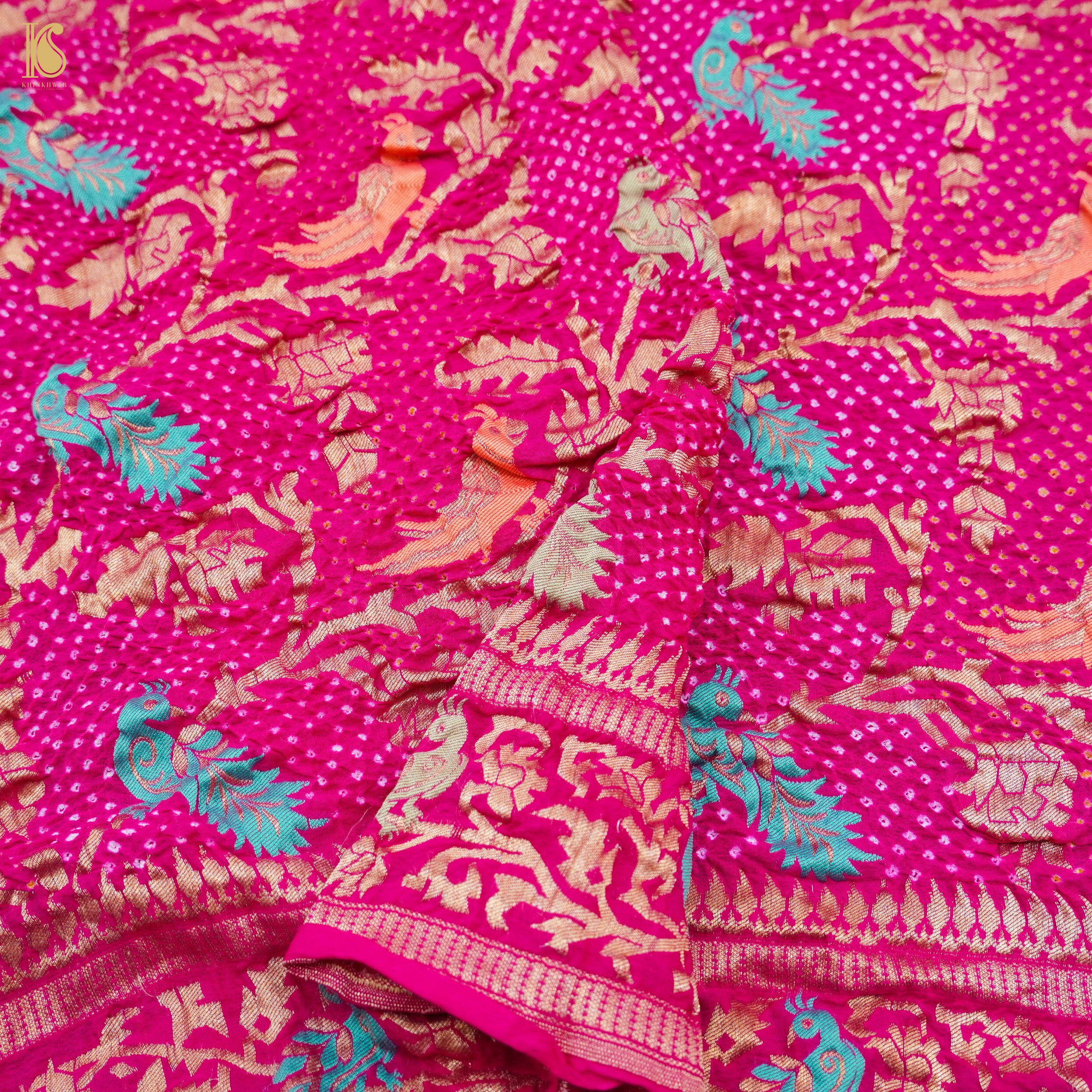 Pink Georgette Bandhani Handloom Banarasi Shikargah Dupatta - Khinkhwab