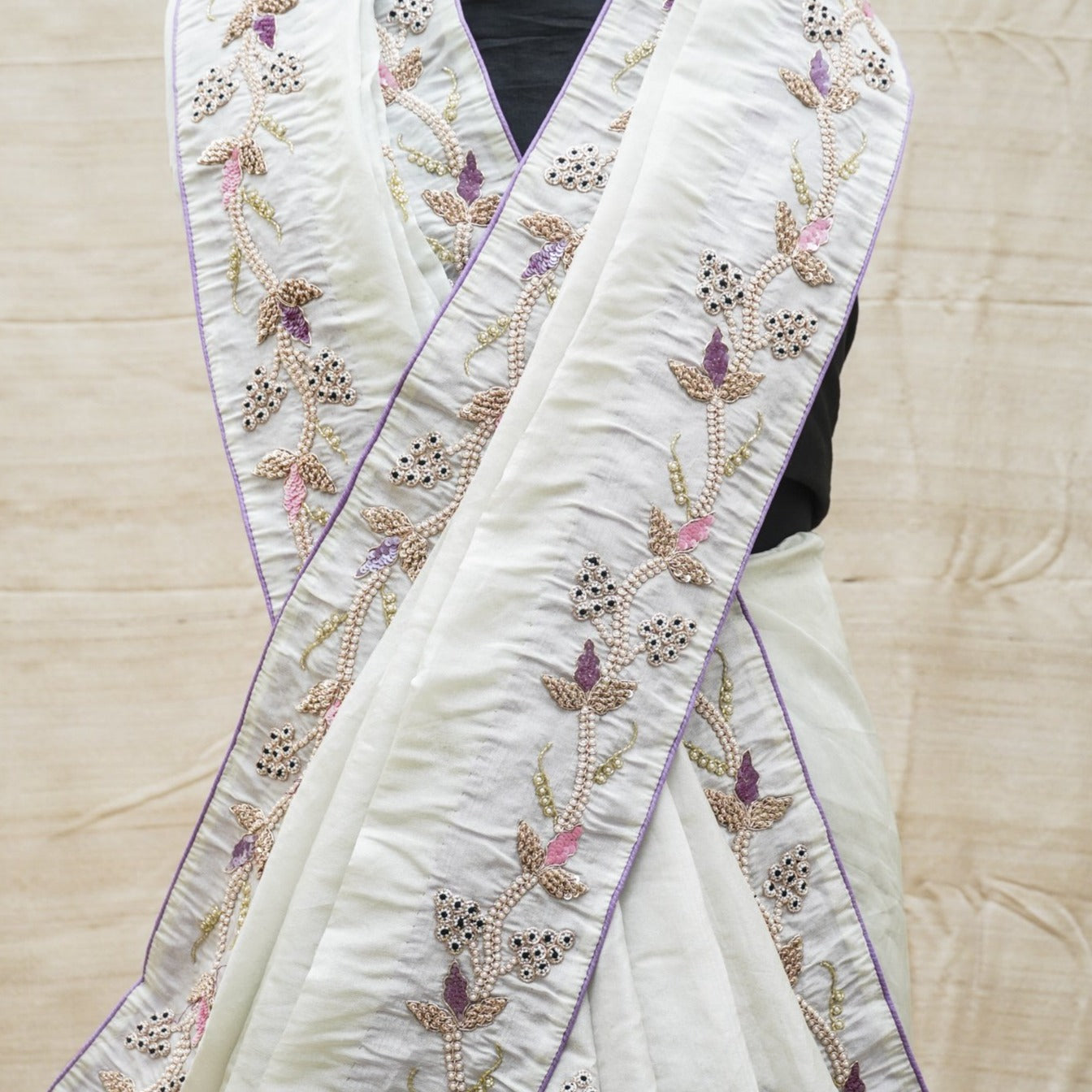 Silver & Purple Pure Fine Tissue Silk Pearl Embroidery Saree - Khinkhwab