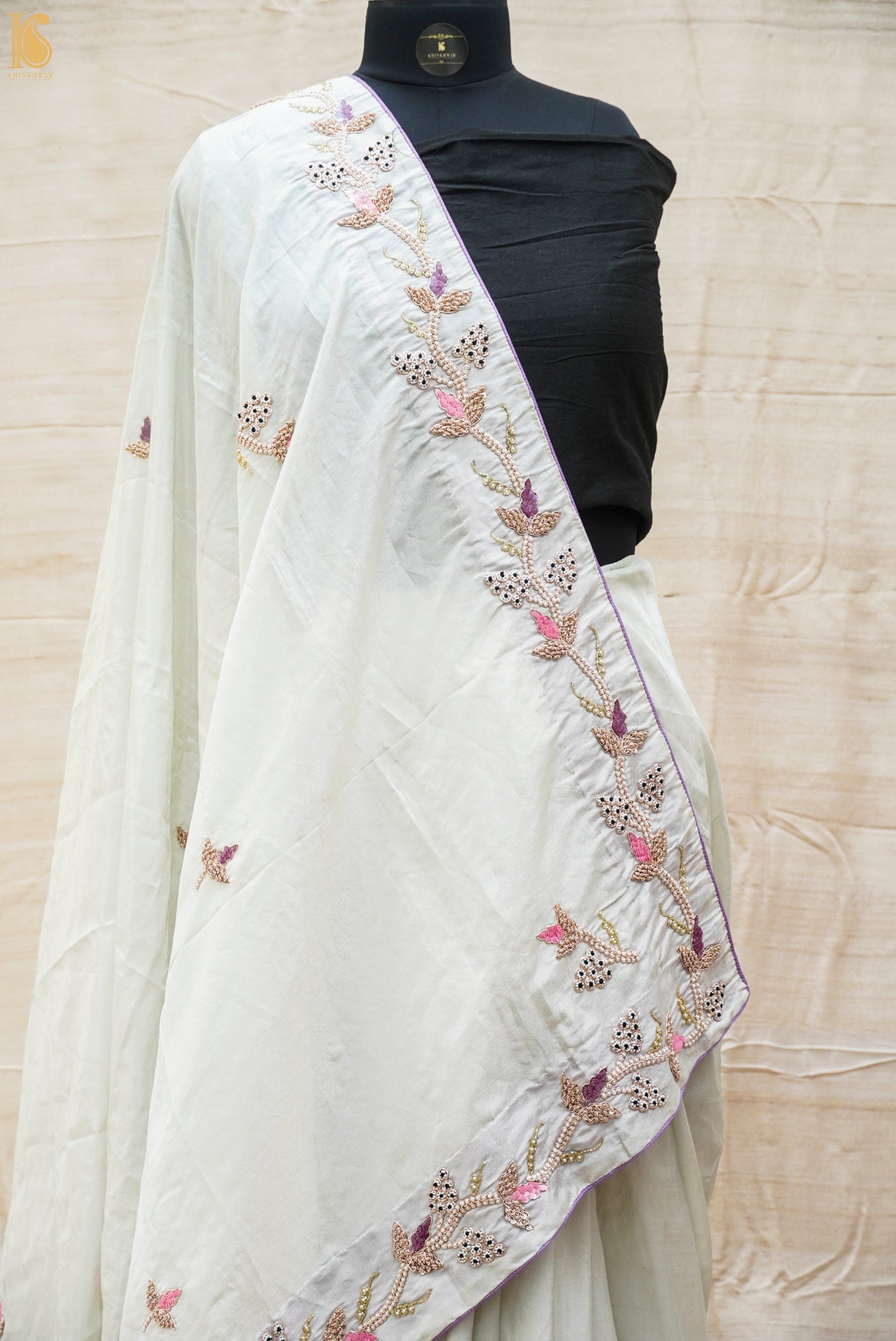 Silver & Purple Pure Fine Tissue Silk Pearl Embroidery Saree - Khinkhwab