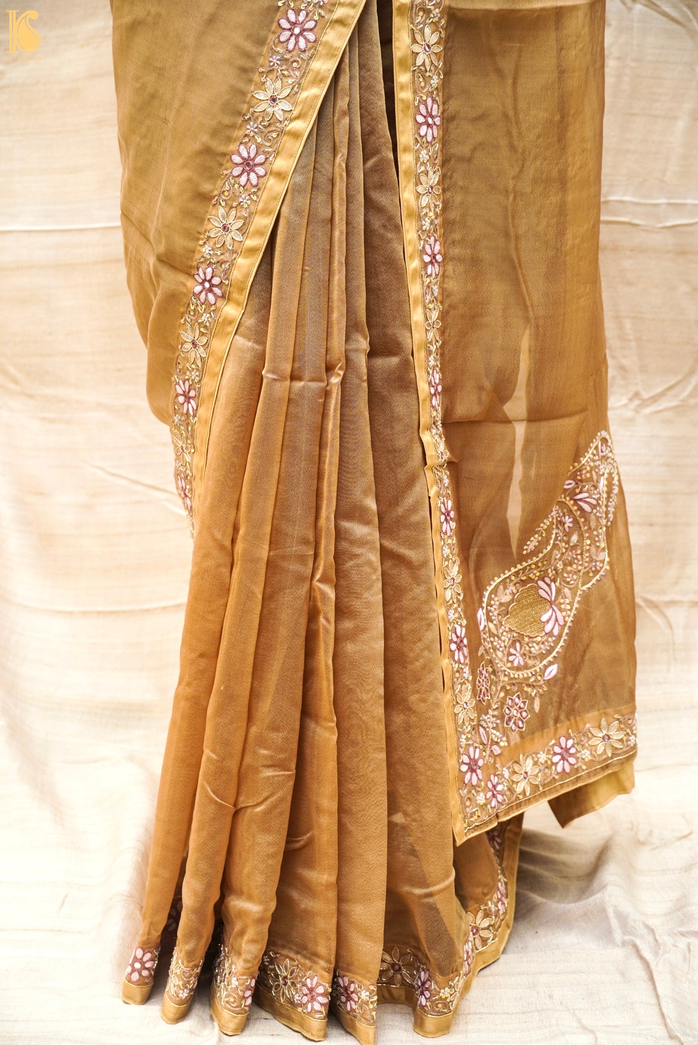 Parchment Pure Tissue Silk Gotta Patti Resham Embroidery Saree - Khinkhwab