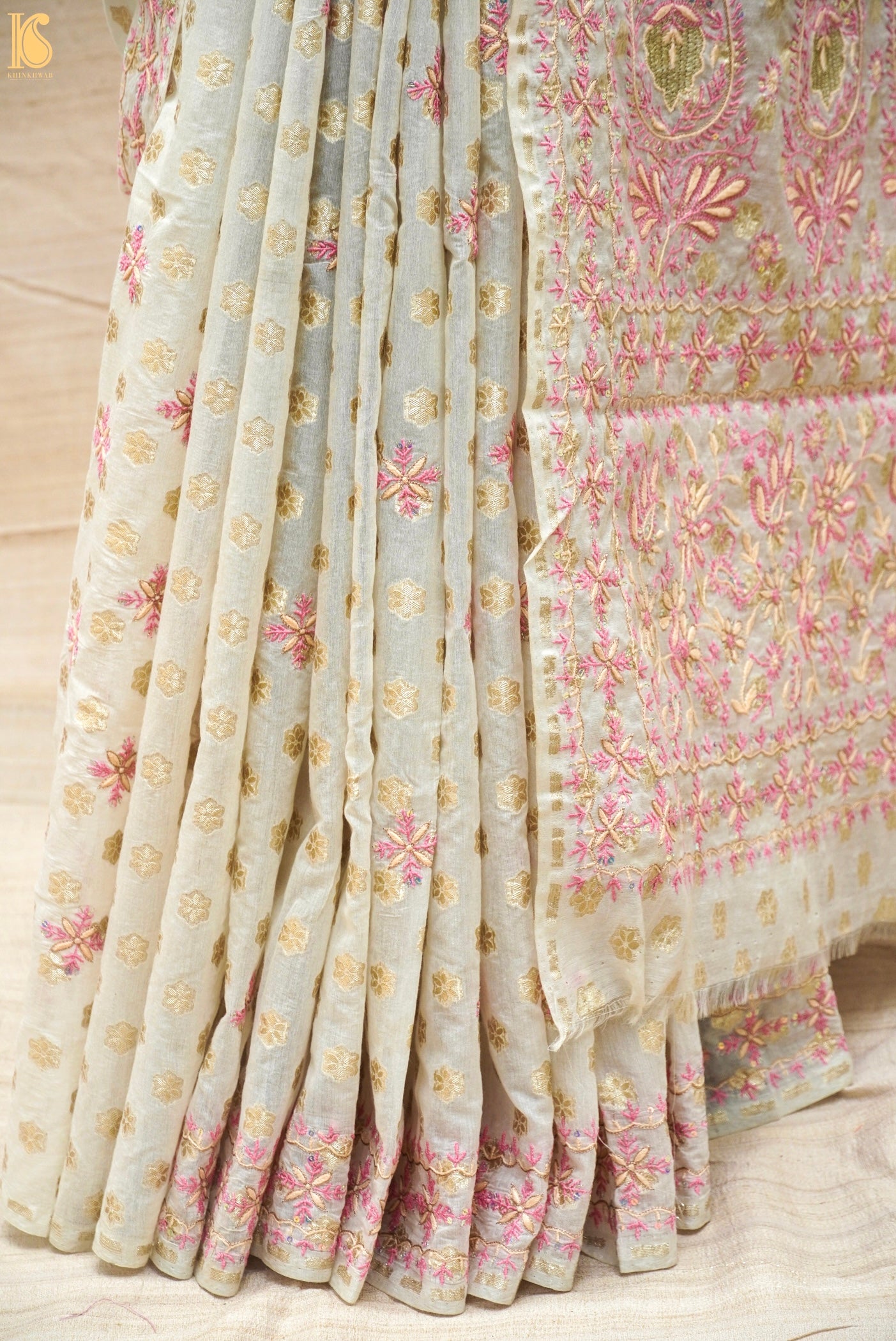 White Chikankari Work Pure Chanderi Banarasi Saree - Khinkhwab