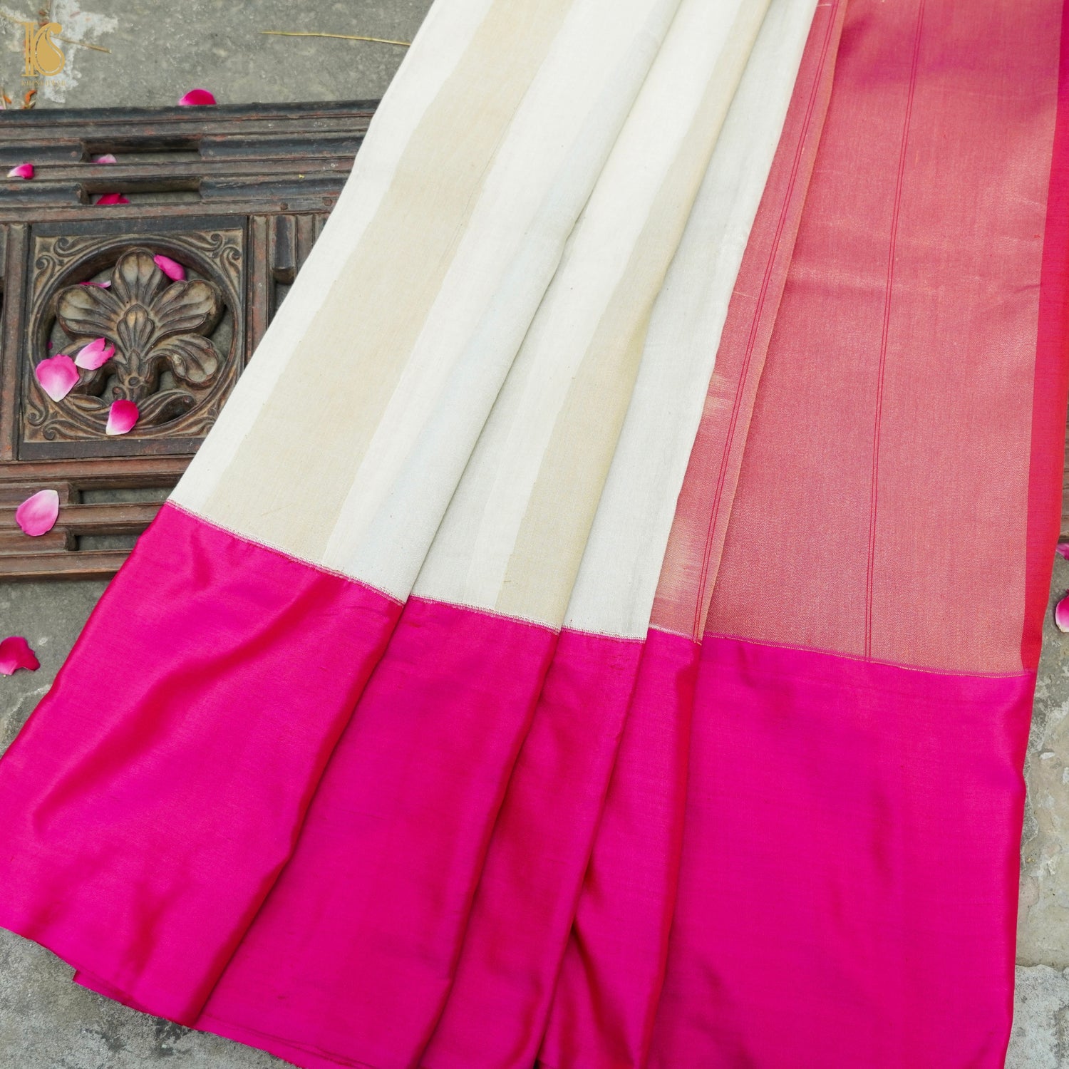 White & Pink Pure Cotton Stripes Handloom Banarasi Silk Border Saree - Khinkhwab