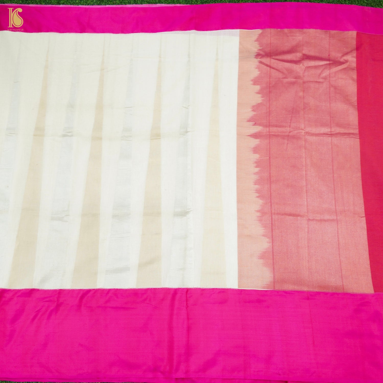 White & Pink Pure Cotton Stripes Handloom Banarasi Silk Border Saree - Khinkhwab