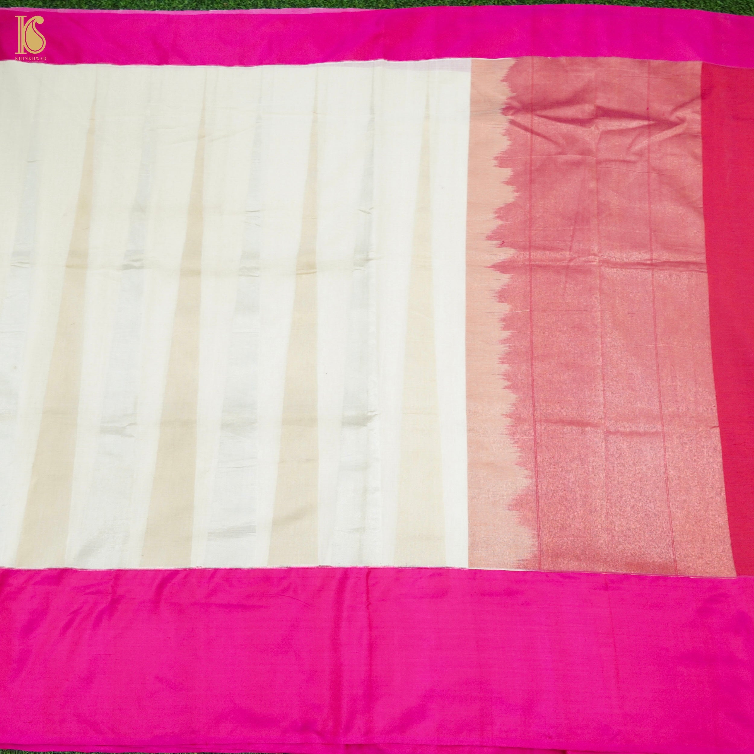 White & Pink Pure Cotton Stripes Handloom Banarasi Silk Border Saree - Khinkhwab