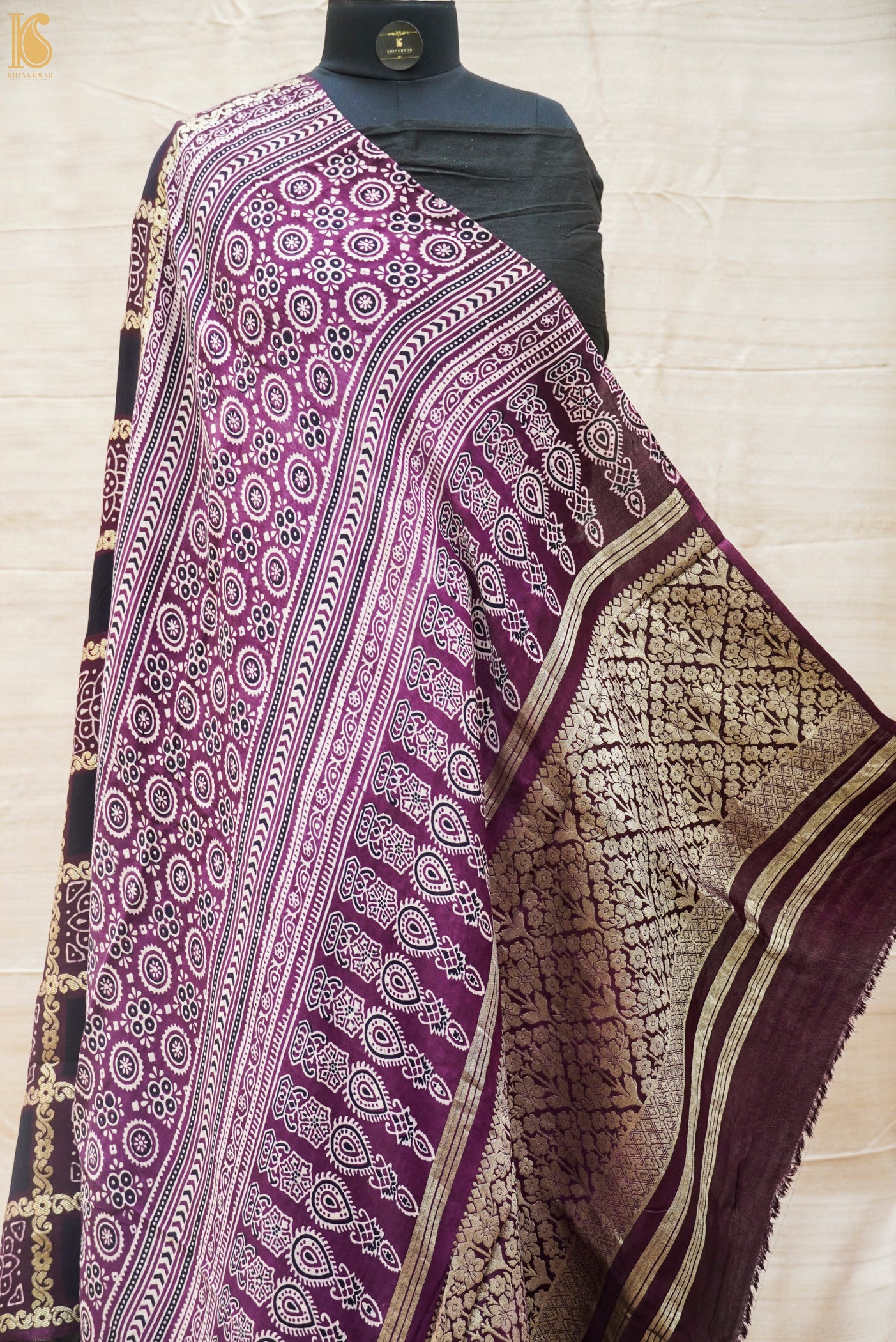 Eminence Purple Hand Block Ajrakh Modal Silk Gharchola Saree - Khinkhwab