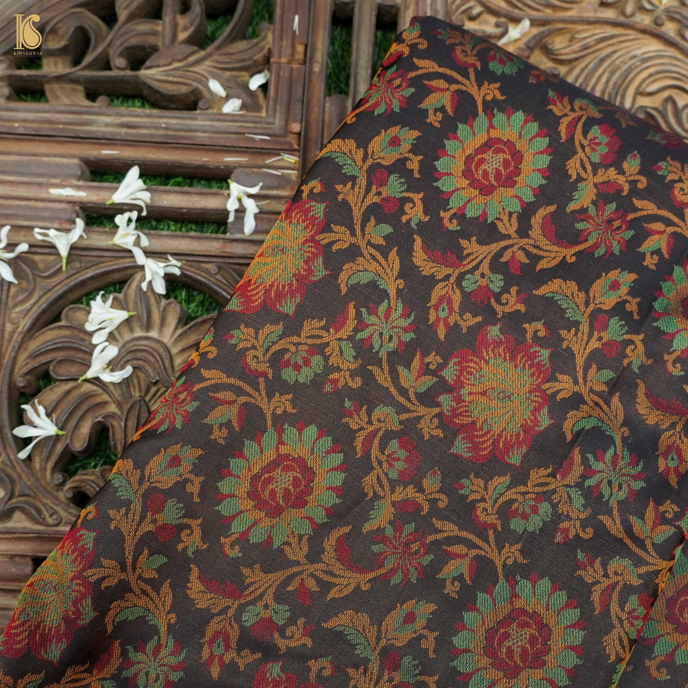 Black Pure Banarasi Silk Handwoven Tanchui Fabric - Khinkhwab