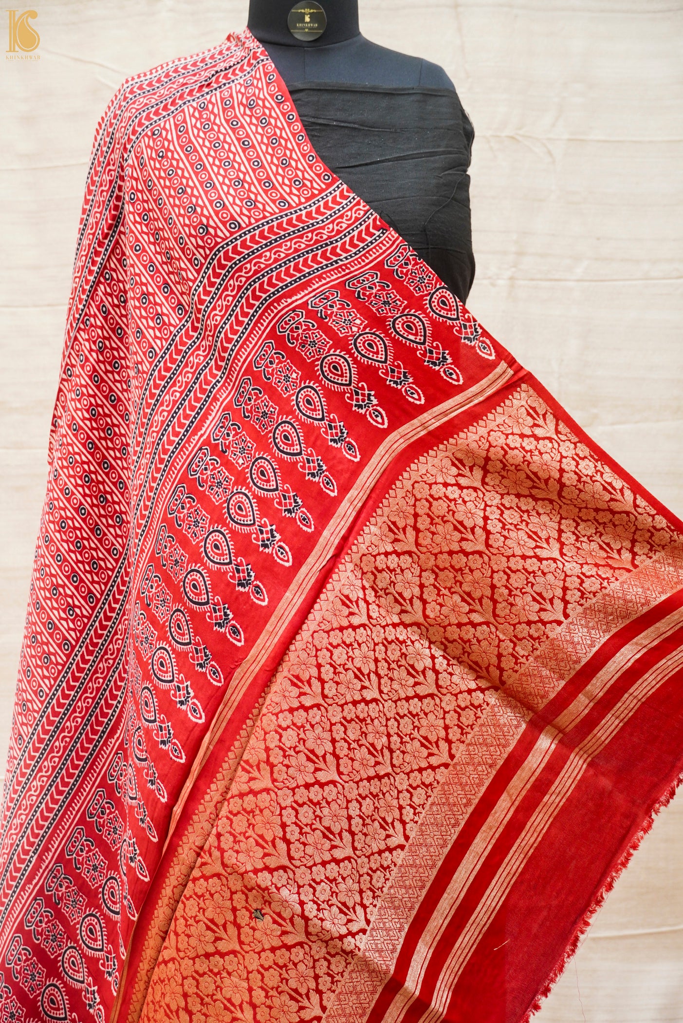 Venetian Red Hand Block Ajrakh Modal Silk Gharchola Saree - Khinkhwab