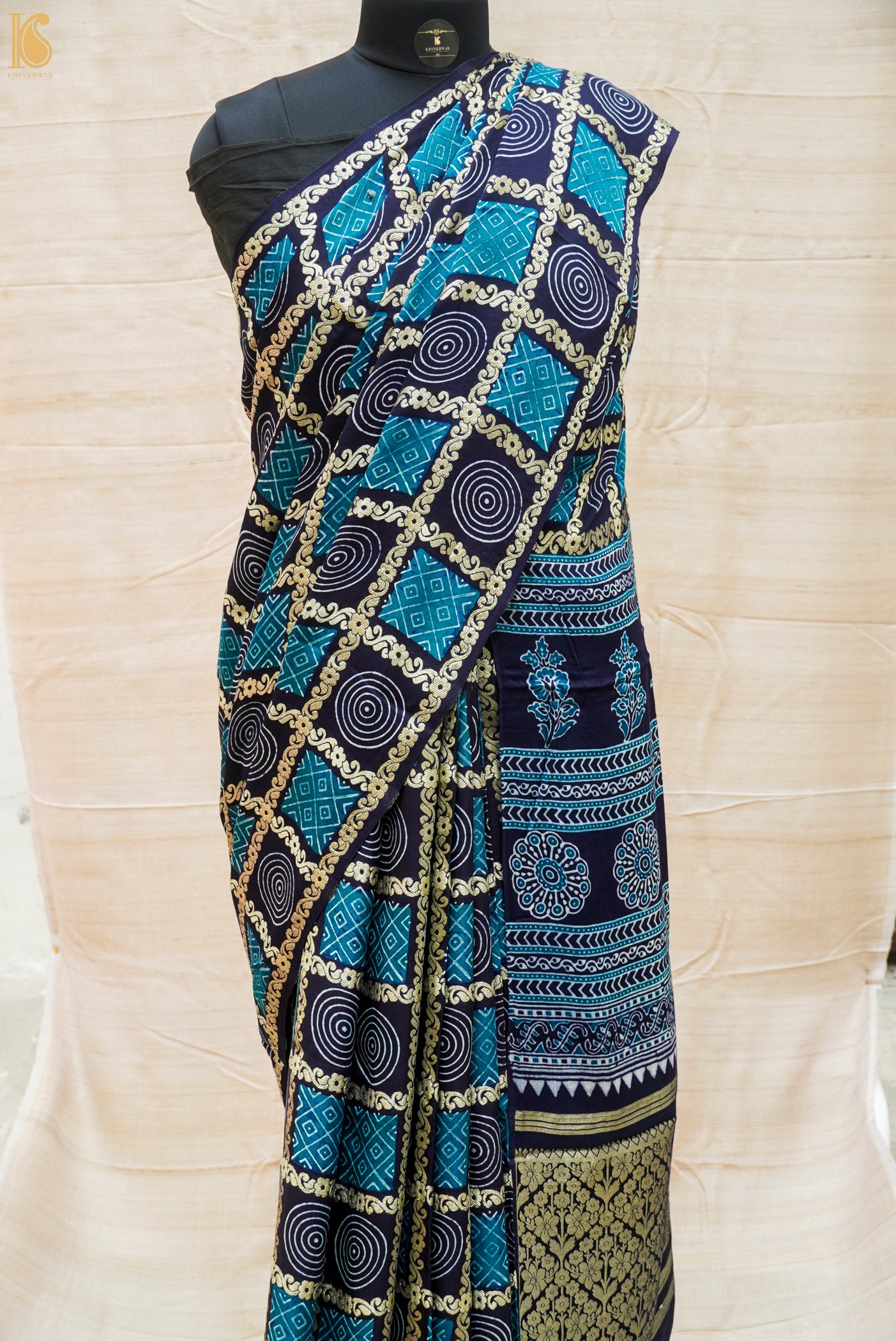 Midnight Blue Hand Block Ajrakh Modal Silk Gharchola Saree - Khinkhwab
