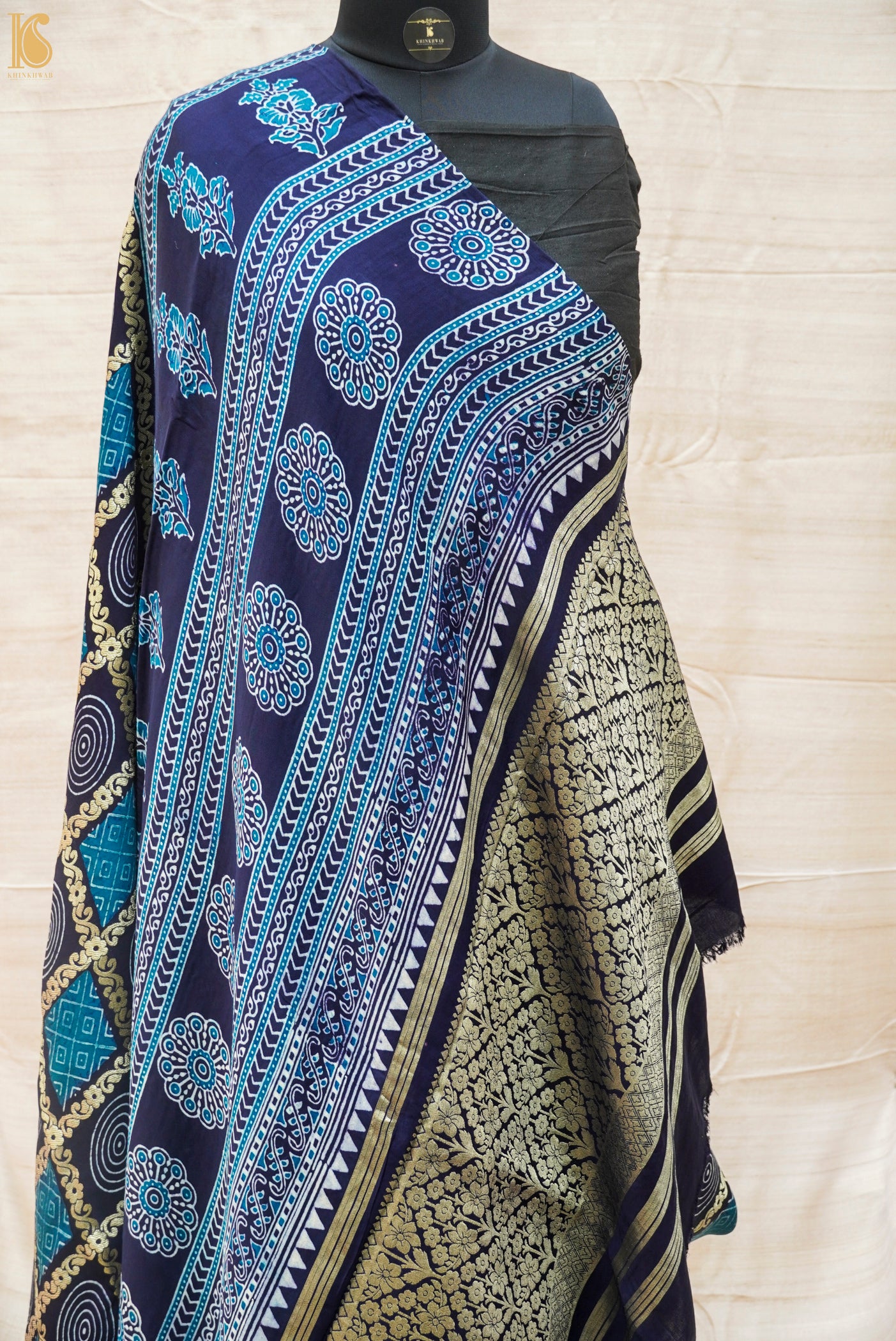 Midnight Blue Hand Block Ajrakh Modal Silk Gharchola Saree - Khinkhwab