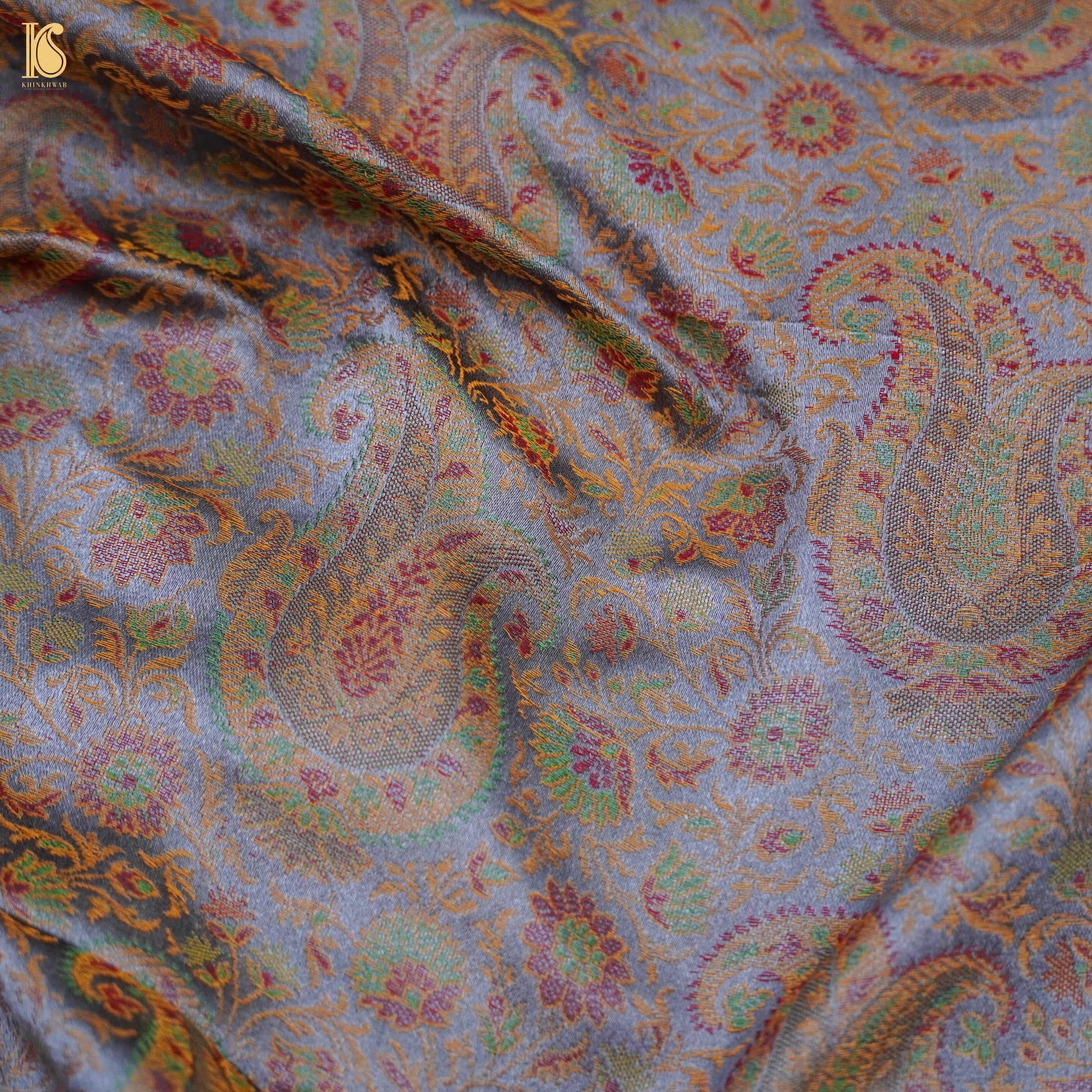 Grey Pure Banarasi Silk Handwoven Tanchui Fabric - Khinkhwab