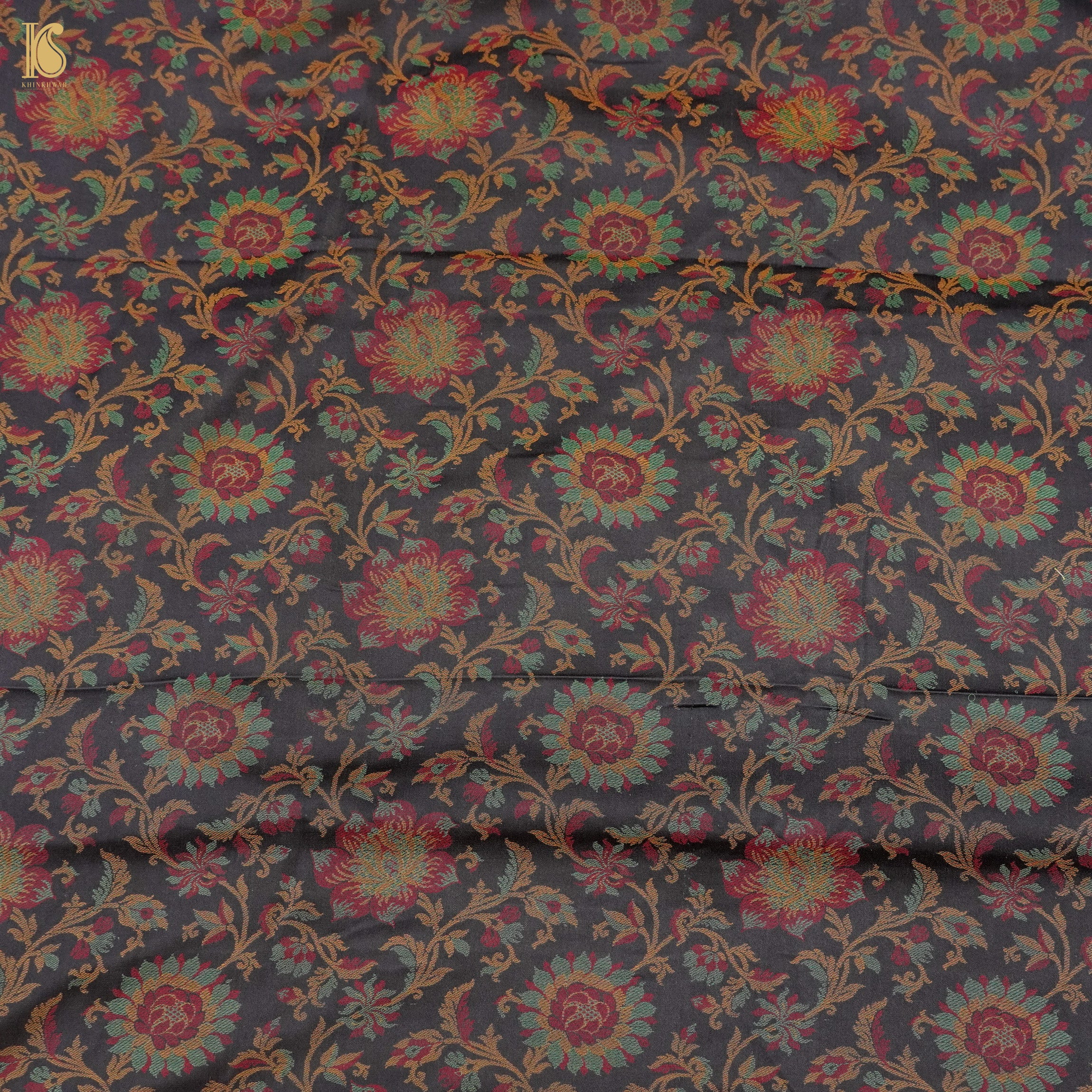 Black Pure Banarasi Silk Handwoven Tanchui Fabric - Khinkhwab