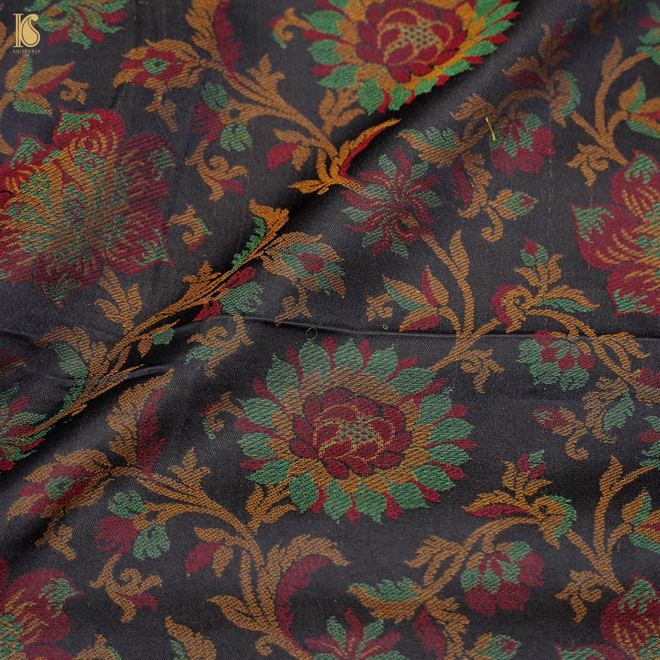 Black Pure Banarasi Silk Handwoven Tanchui Fabric - Khinkhwab
