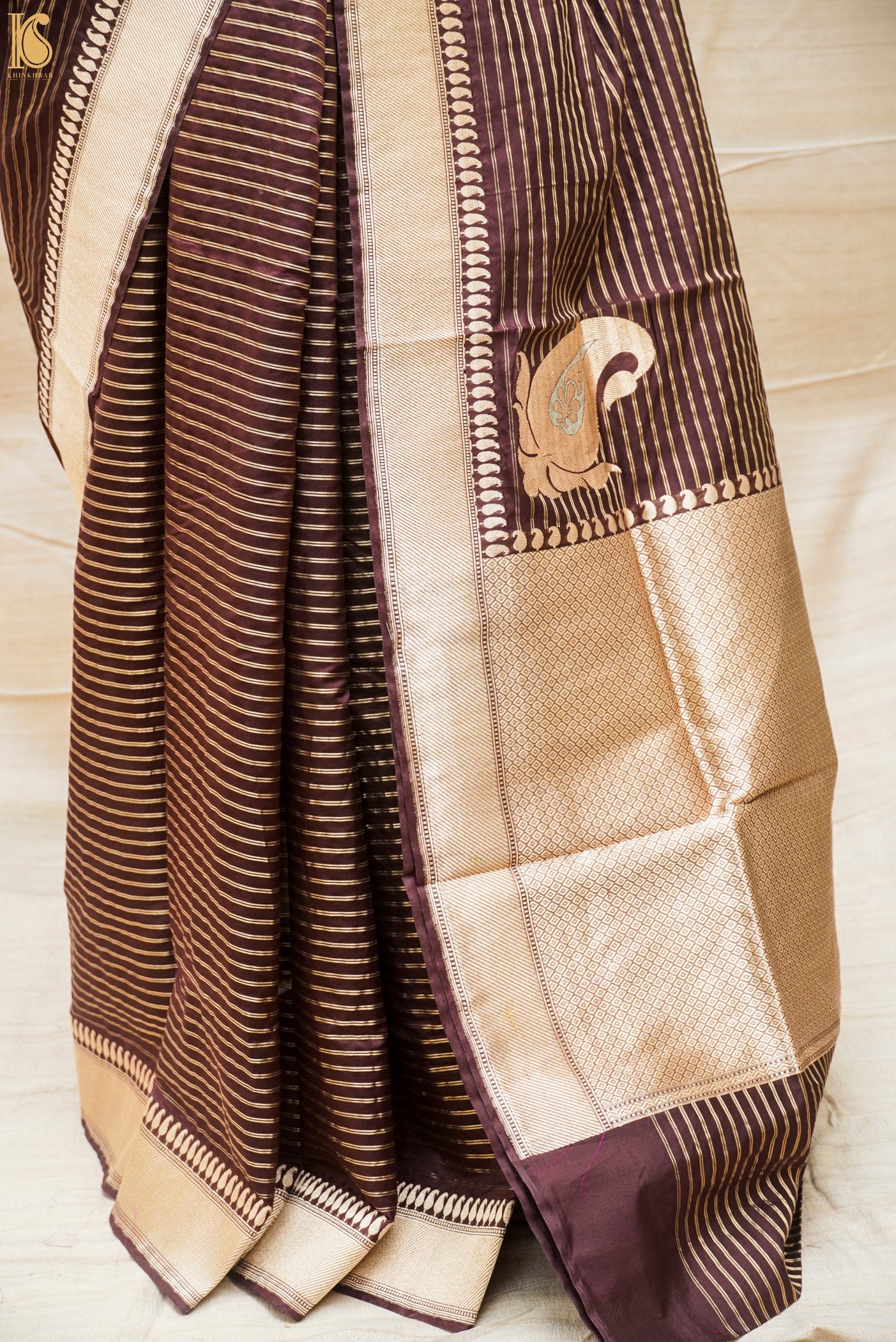 Congo Brown Pure Kora Silk Handloom Banarasi Soft Drape Saree - Khinkhwab