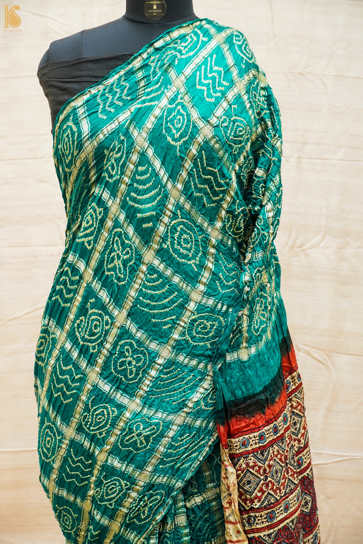 Teal Hand Block Ajrakh with Bandhani Gharchola Modal Silk Saree - Khinkhwab